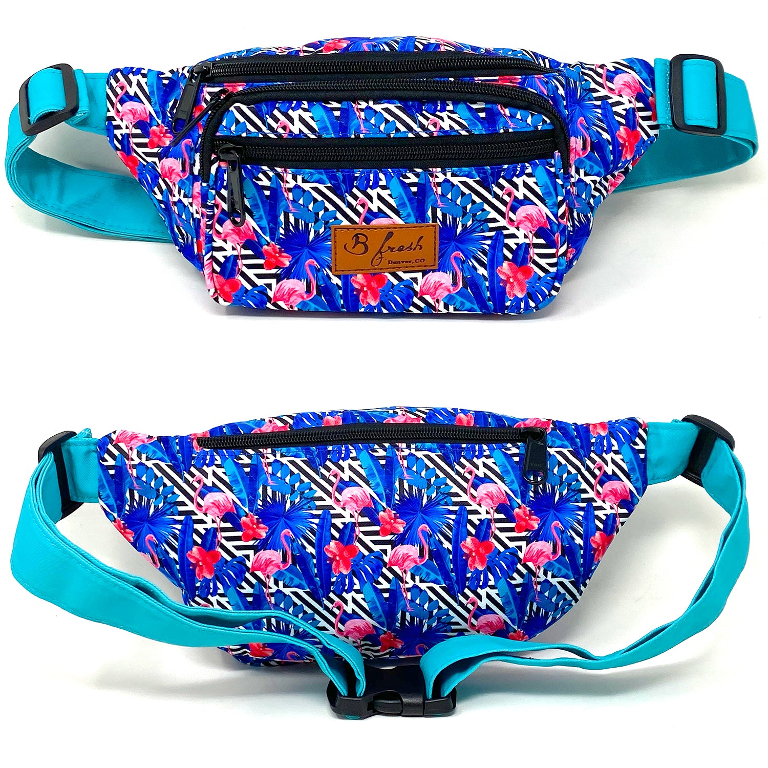 Don Johnson Retro Flamingo fanny pack bum bag tropical floral pattern design, Pink white blue miami vice flamingo 80s design. B Fresh Gear