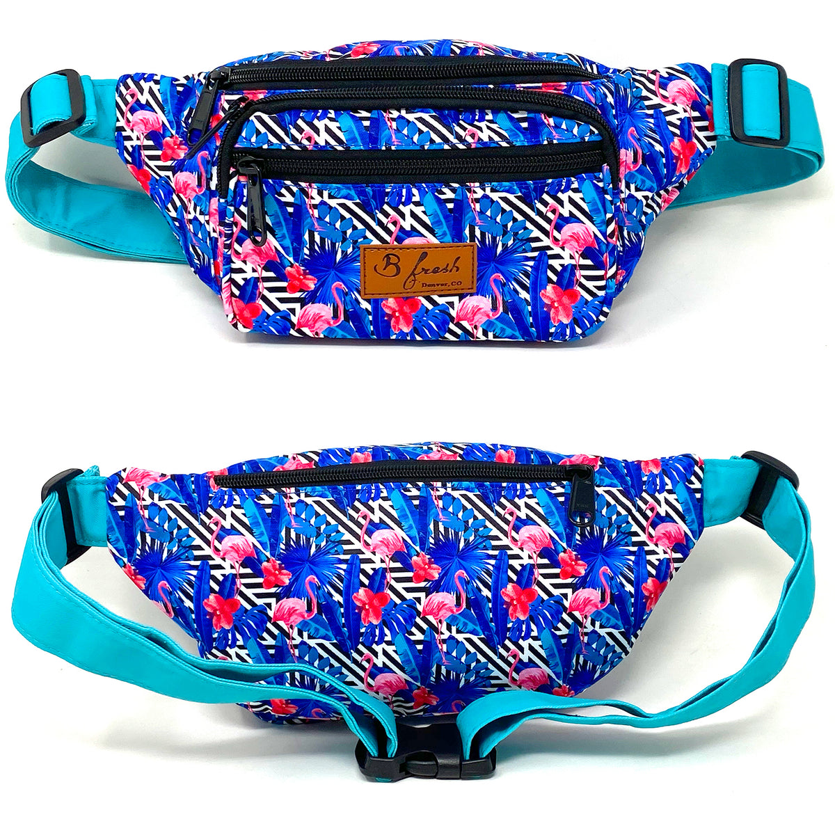 Don Johnson Retro Flamingo fanny pack bum bag tropical floral pattern design, Pink white blue miami vice flamingo 80s design. B Fresh Gear