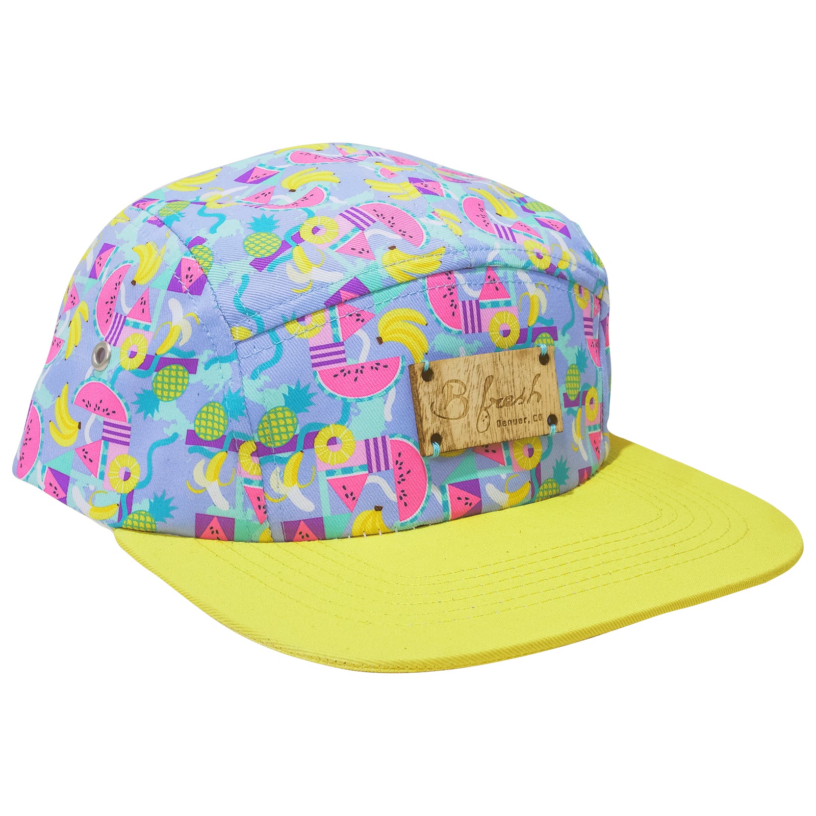 Fruit Snacks 90s Print Bananas Watermelon Pineapple Yellow Pink Purple 5 Panel 80s Vintage Hat. B Fresh Gear.