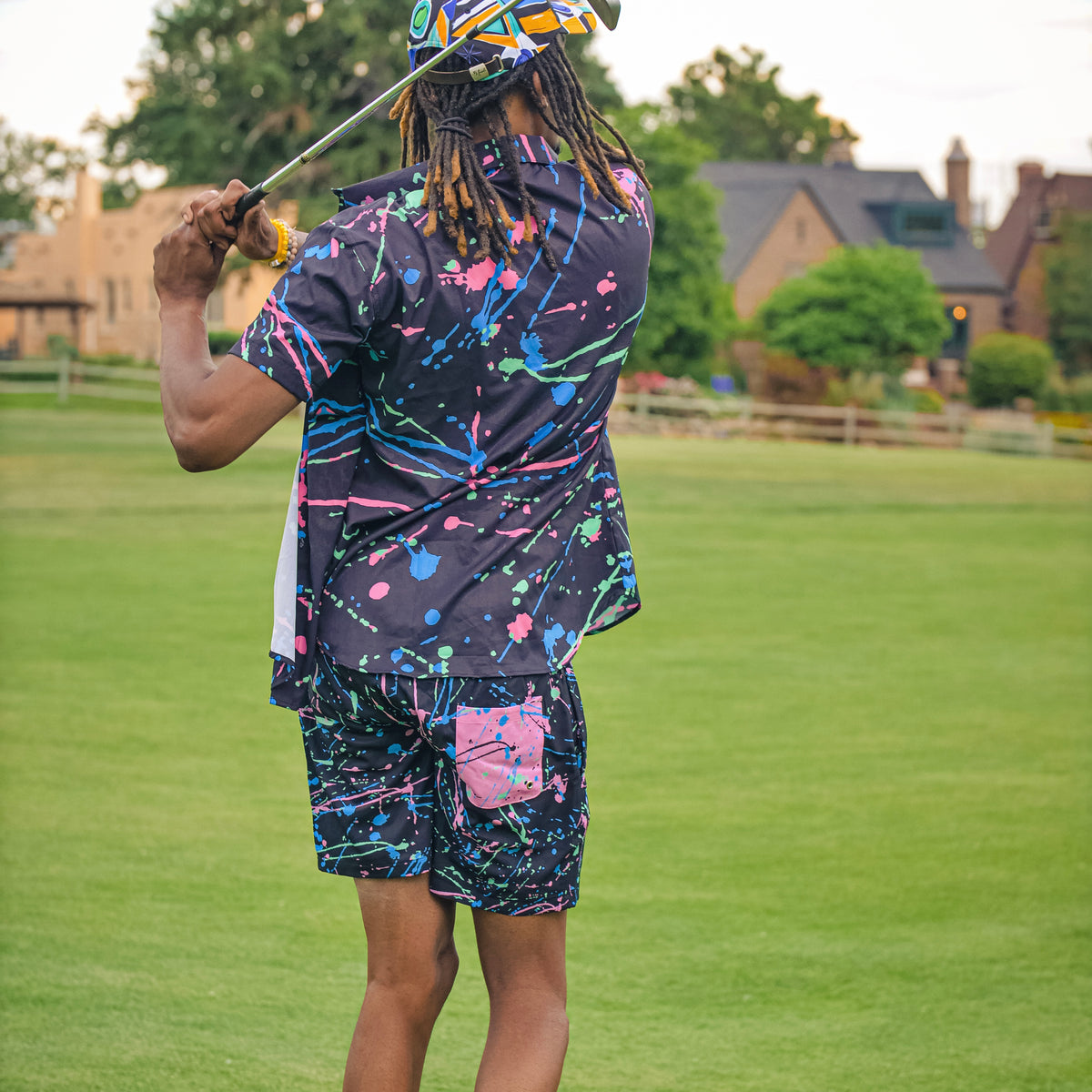 90s splatter shorts swim trunks 