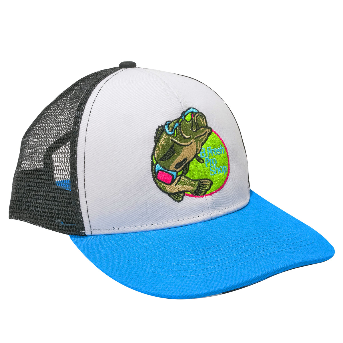 Fresh Pro Shop Bass Fishing Trucker Mesh Blue Bill Hat. B Fresh Gear.