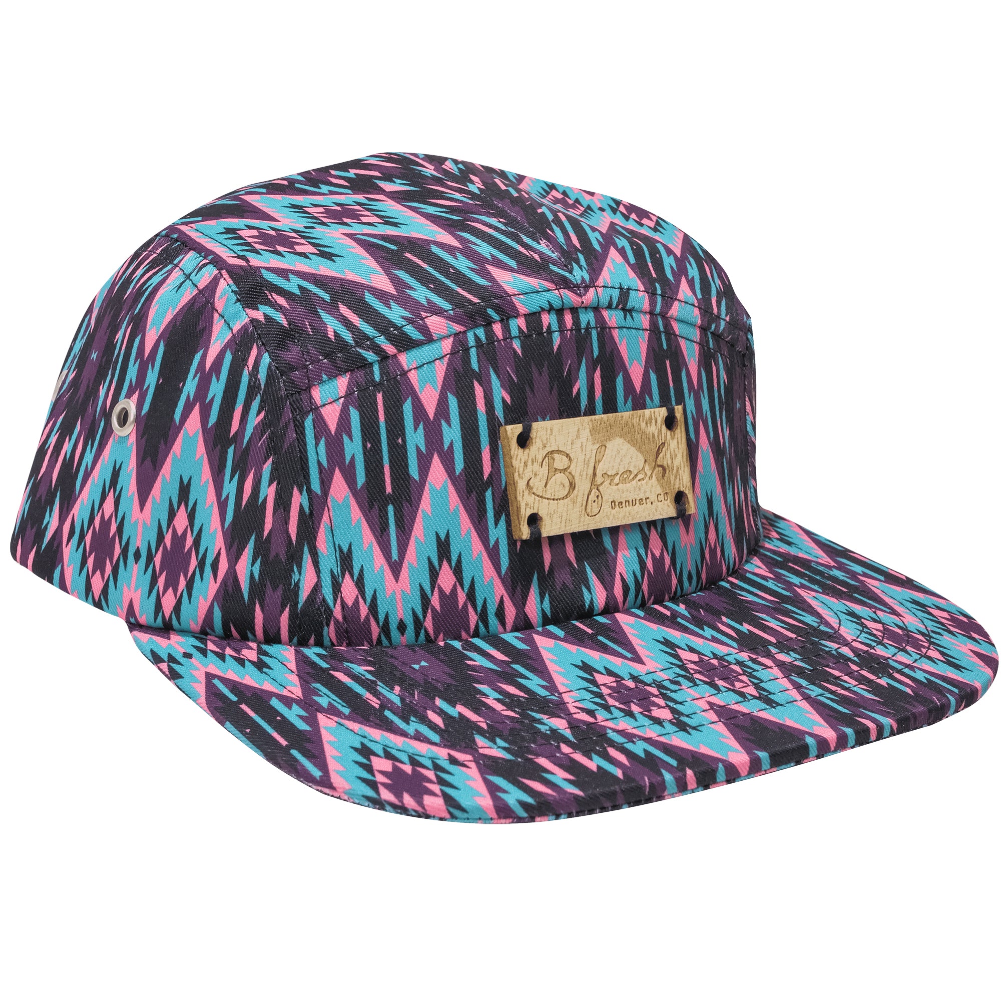Aztec Nightshade 5 Panel Tribal Purple Pink Blue 90s Hat Wooden Label. B Fresh Gear.