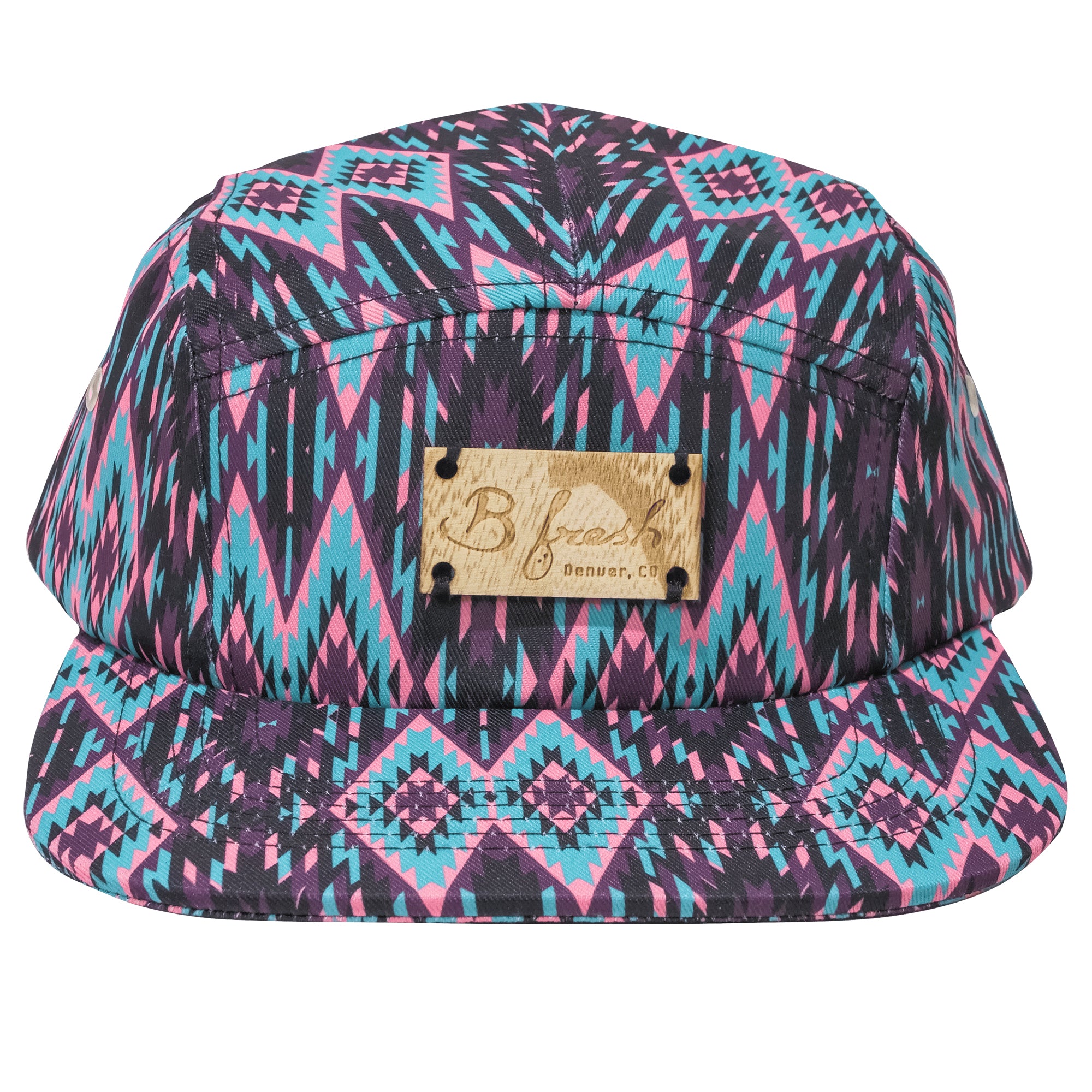 Aztec Nightshade 5 Panel Tribal Purple Pink Blue 90s Hat Wooden Label. B Fresh Gear.