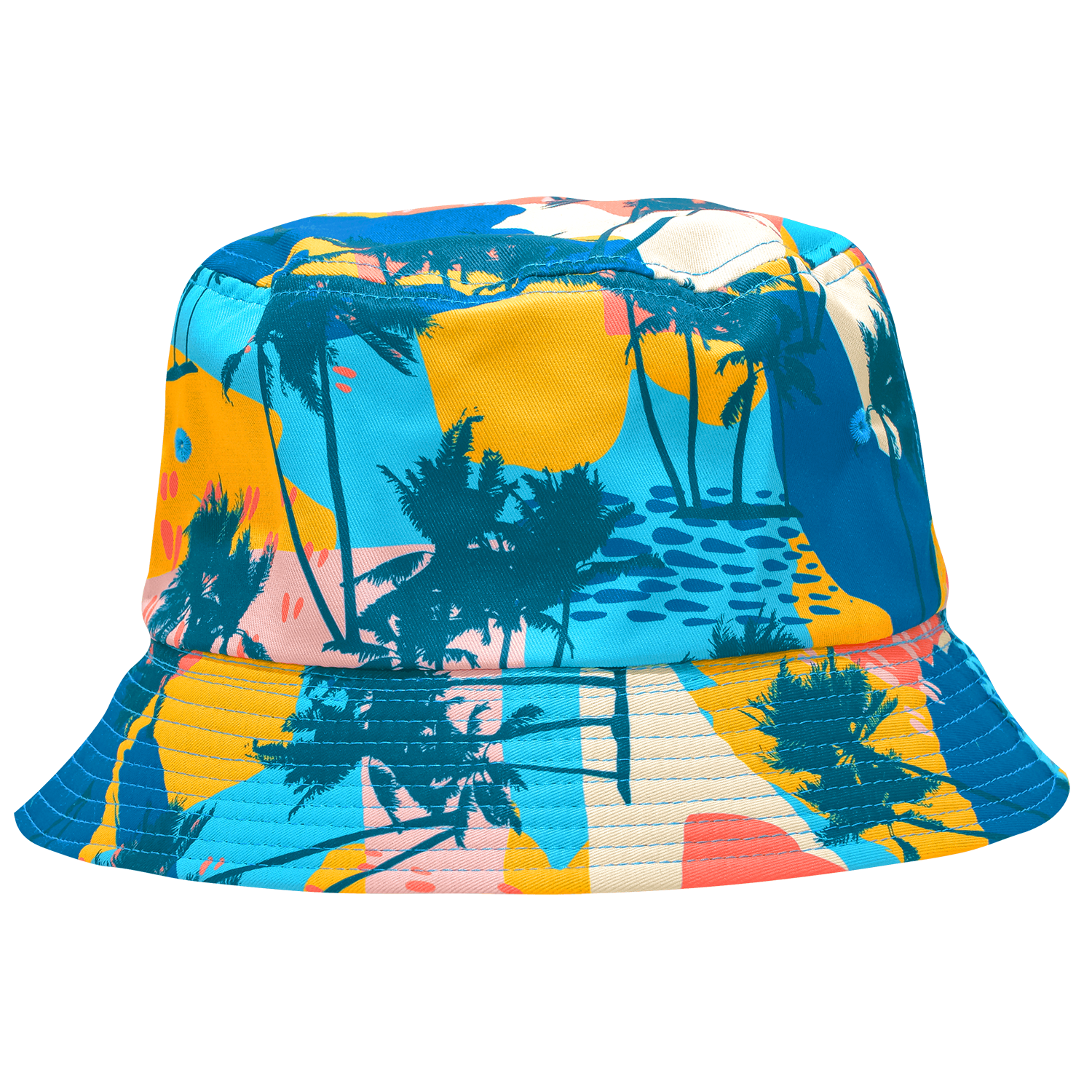 Beach Bum Retro Summer 80s California Florida Tropical Palm Tree Ocean Yellow Blue Pink Reversible Bucket Hat. B Fresh Gear.