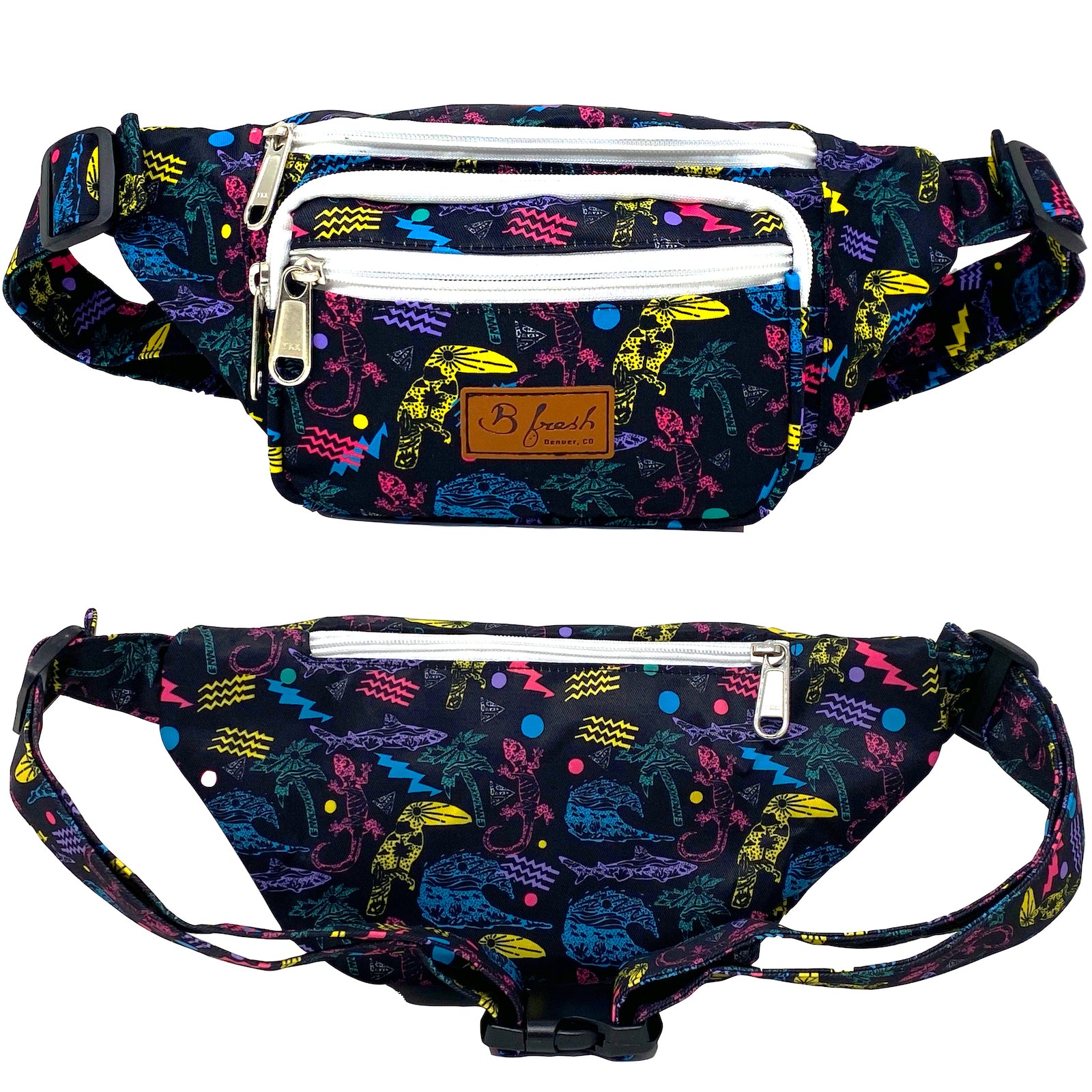 Retro Beach Fanny Pack - Hawaii tropical floral gecko toucan bird palm trees waves surfing style design fanny pack bum bag. B Fresh Gear