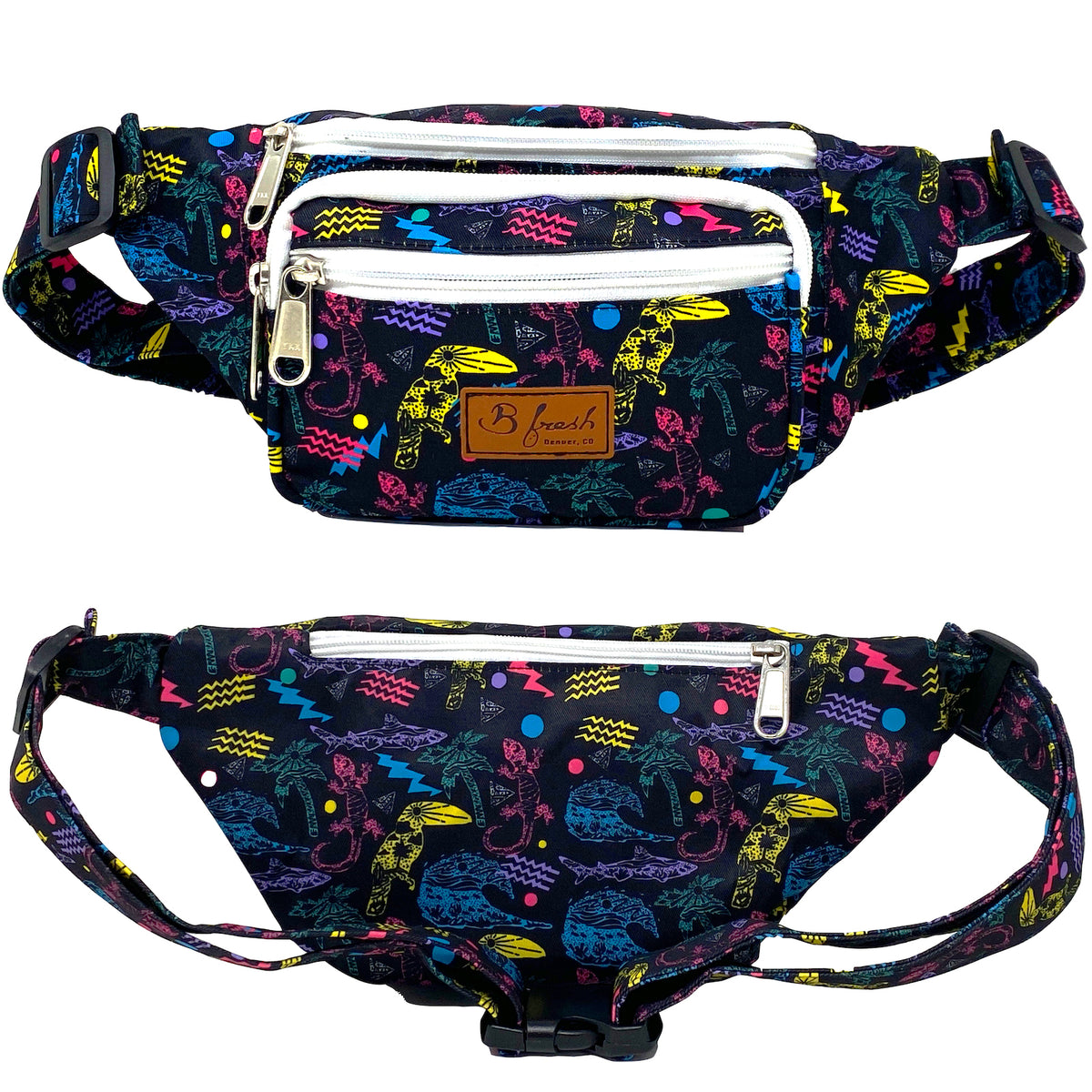 Retro Beach Fanny Pack - Hawaii tropical floral gecko toucan bird palm trees waves surfing style design fanny pack bum bag. B Fresh Gear
