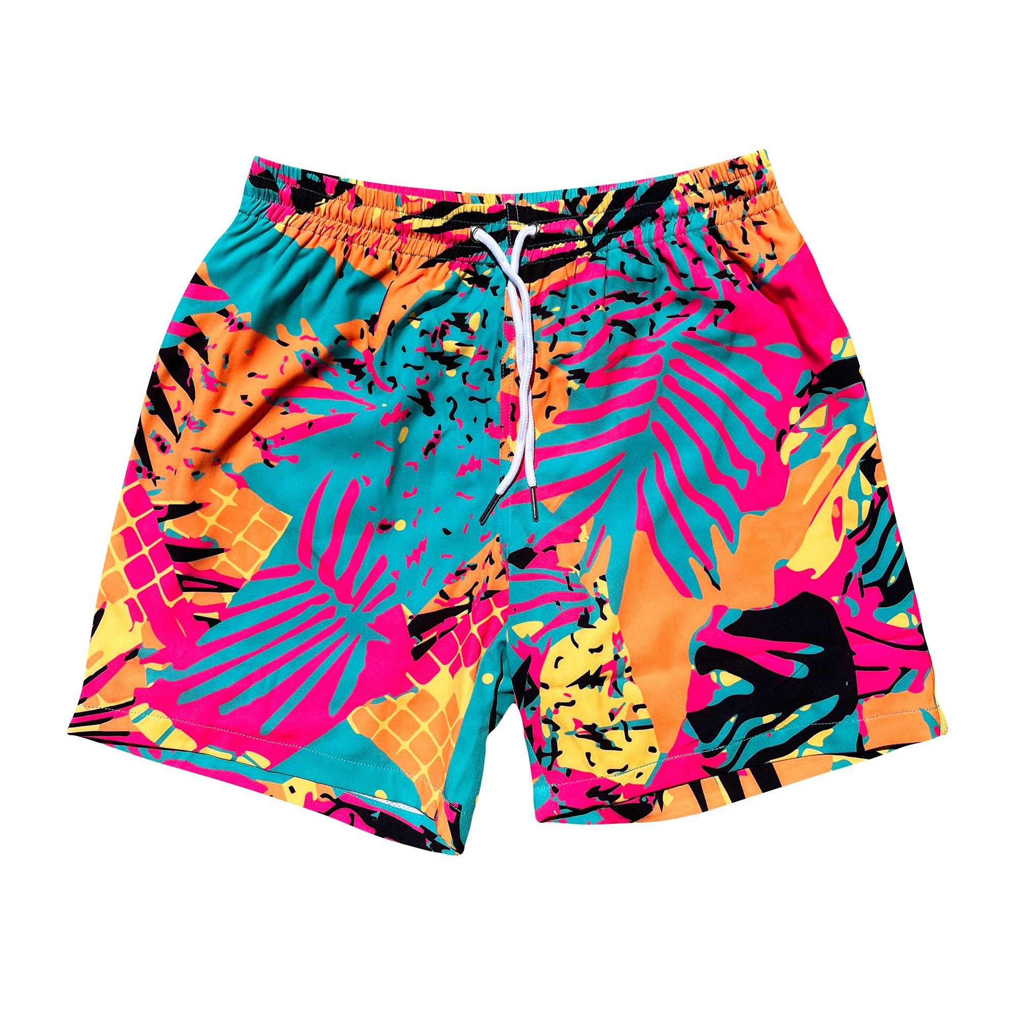 Summer Jam 80s Retro Swim Trunks Shorts - Fresh Prince inspired vintage retro shorts swimwear tropical beach red green orange yellow throwback old school design. B Fresh Gear.