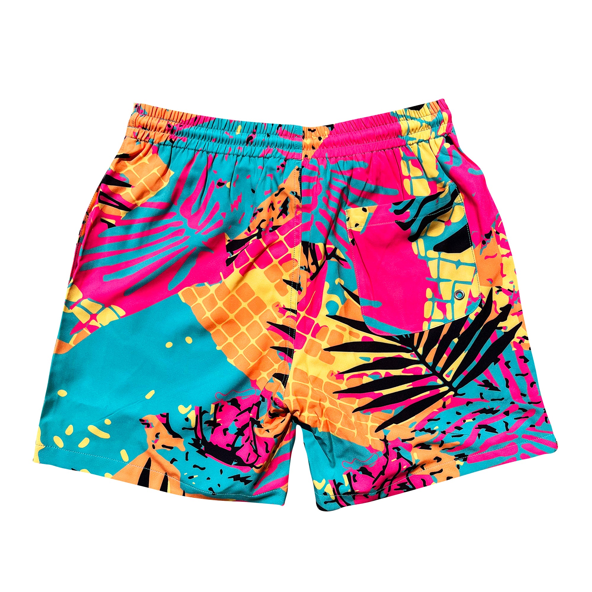 Summer Jam 80s Retro Swim Trunks Shorts - Fresh Prince inspired vintage retro shorts swimwear tropical beach red green orange yellow throwback old school design. B Fresh Gear.