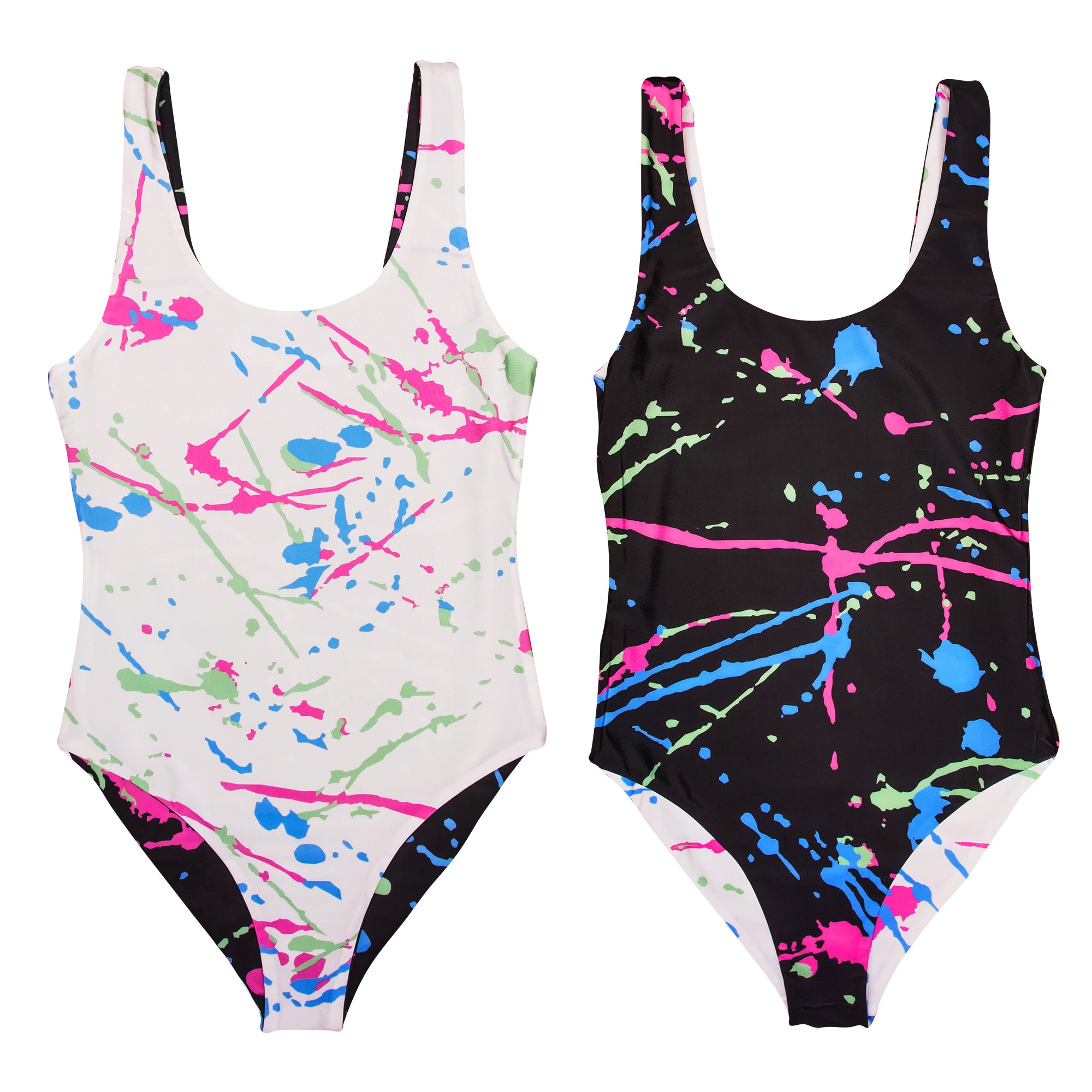80s 90s Splatter Design Reversible Swimwear. One Piece retro pink blue green black white vintage splatter design body suit swimsuit. B Fresh Gear