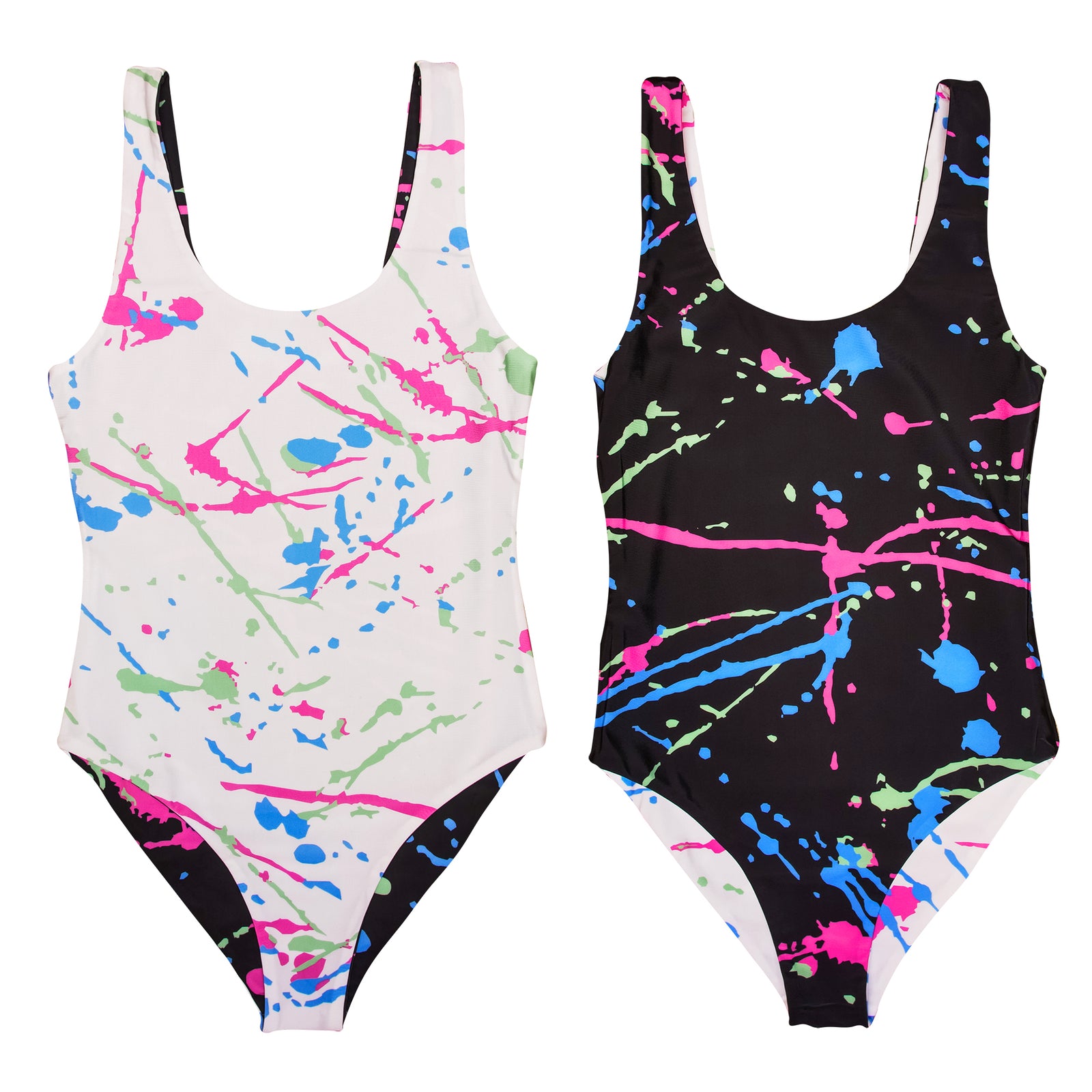 80s 90s Splatter Design Reversible Swimwear. One Piece retro pink blue green black white vintage splatter design body suit swimsuit. B Fresh Gear