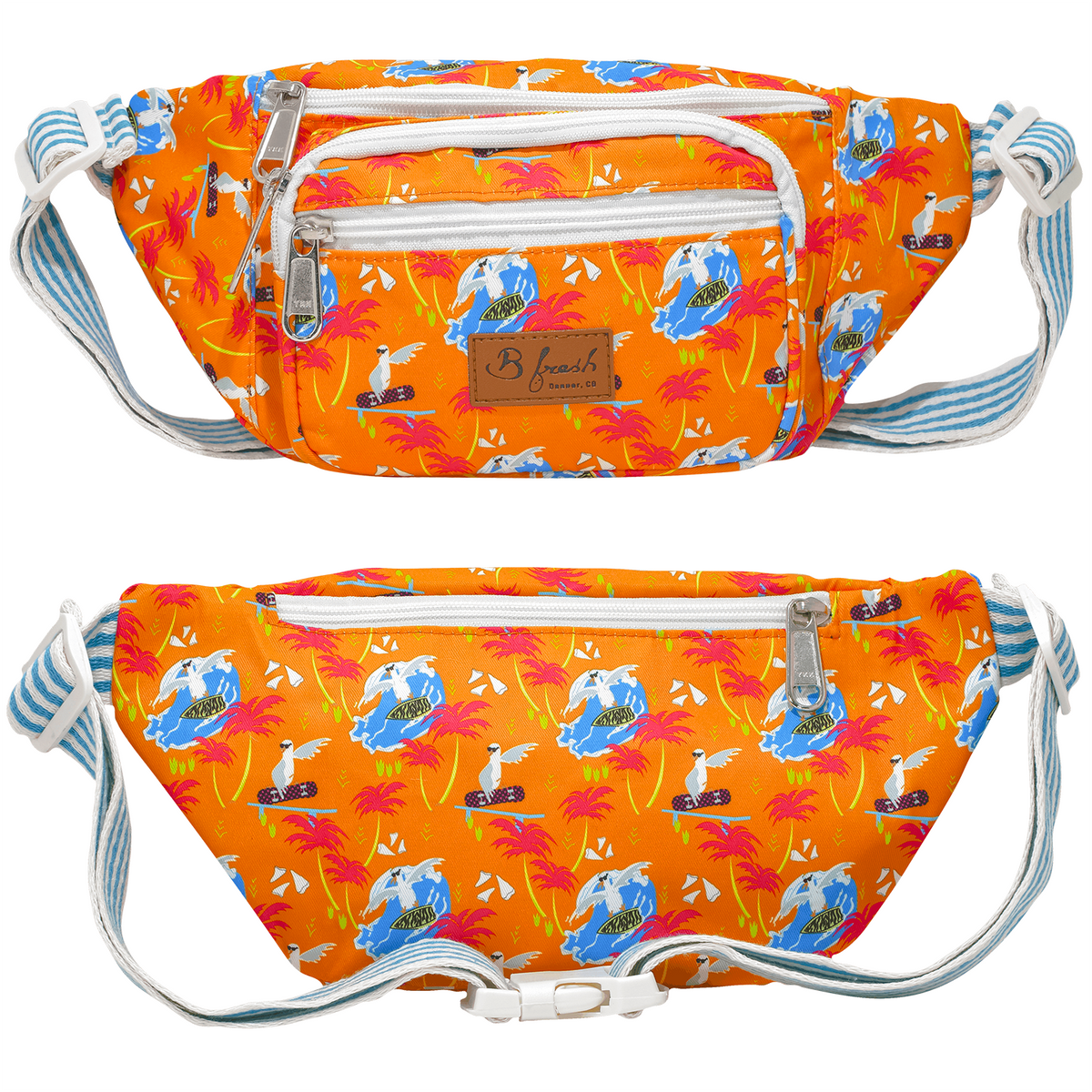 Surfin&#39; Birds Retro Fanny Pack - Radical 80s beach surfing bird orange white and blue design with blue and white stripped belt and 4 pockets fanny pack. B Fresh Gear