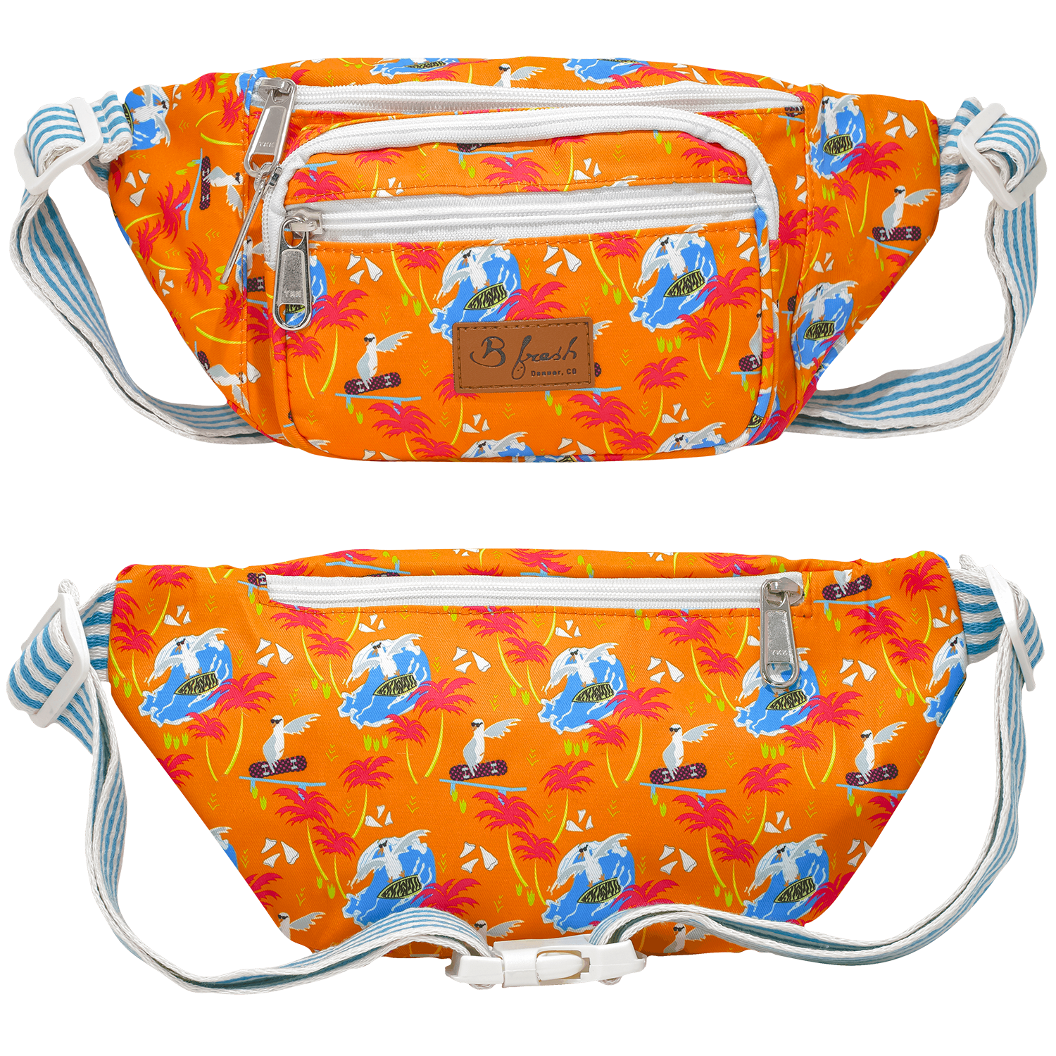 Surfin' Birds Retro Fanny Pack - Radical 80s beach surfing bird orange white and blue design with blue and white stripped belt and 4 pockets fanny pack. B Fresh Gear