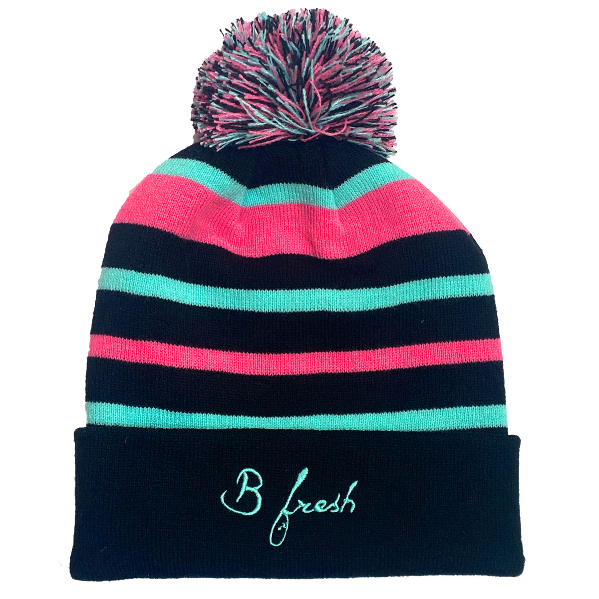 Vapor Wave Vintage Ski Beanie Pink Blue Pom Top Winter Hat. B Fresh Gear.