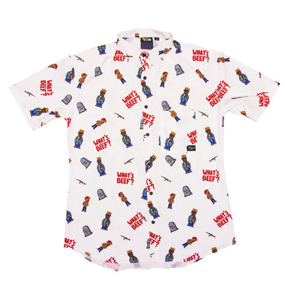 Whats Beef Biggie Smalls Tupac Old School Retro Coogie 90s Design White 4 Way Stretch Button Down Shirt. B Fresh Gear.