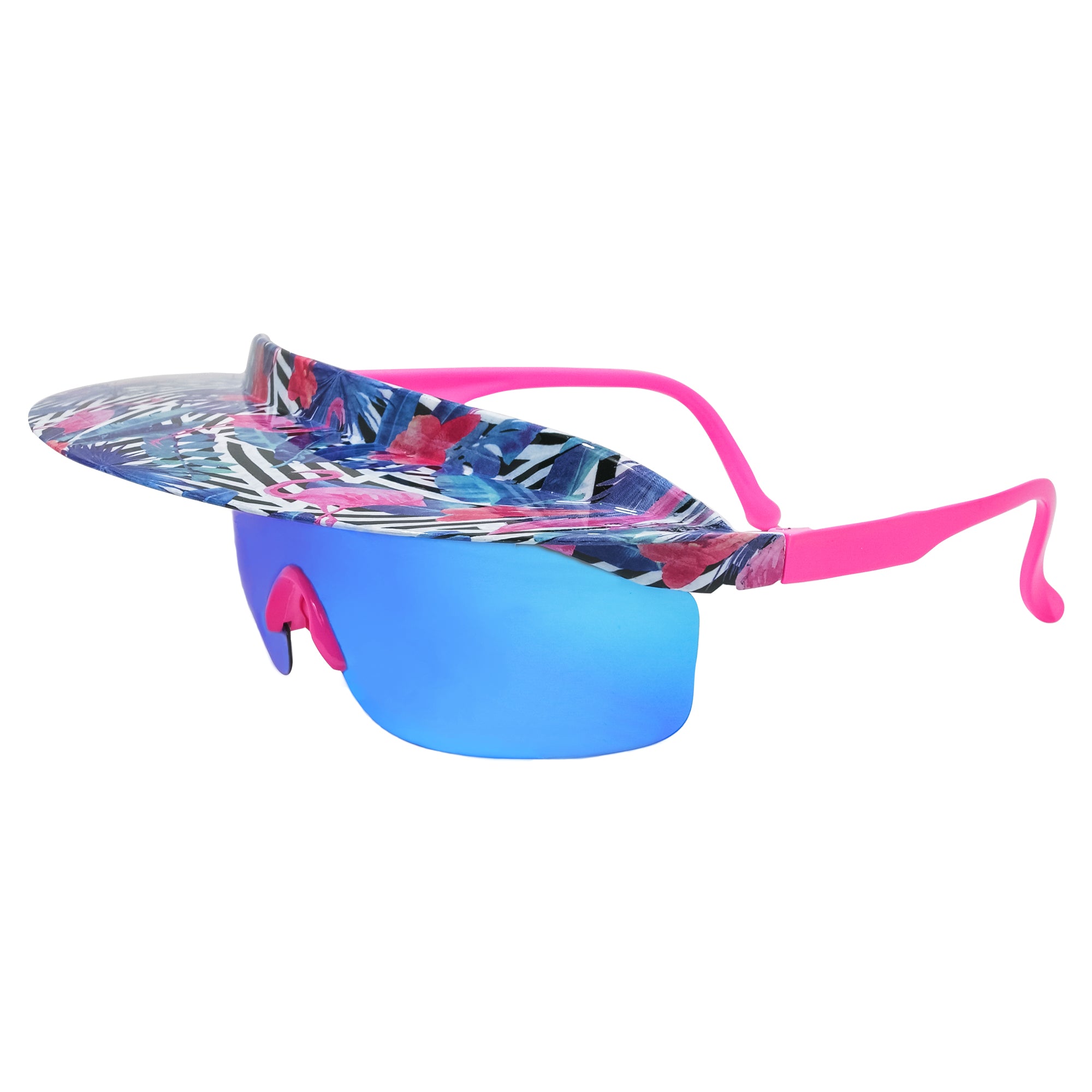 Don Johnson Retro Miami 80s Ski Boating Beach Flamingo Visor Shades Sunglasses - Polarized UV 400 Pink blue white tropical flamingo floral 80s 90s design from the boats to the slopes Visor sunglasses. B Fresh Gear