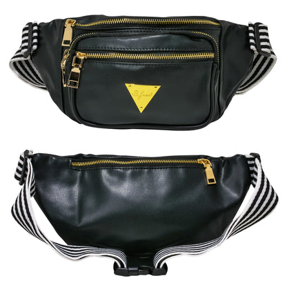 The Escobar Fanny Pack Bum Bag - Faux black leather retro fanny pack with gold zippers and white and black stripped belt. 4 pocket vintage fanny pack 80s design. B Fresh Gear