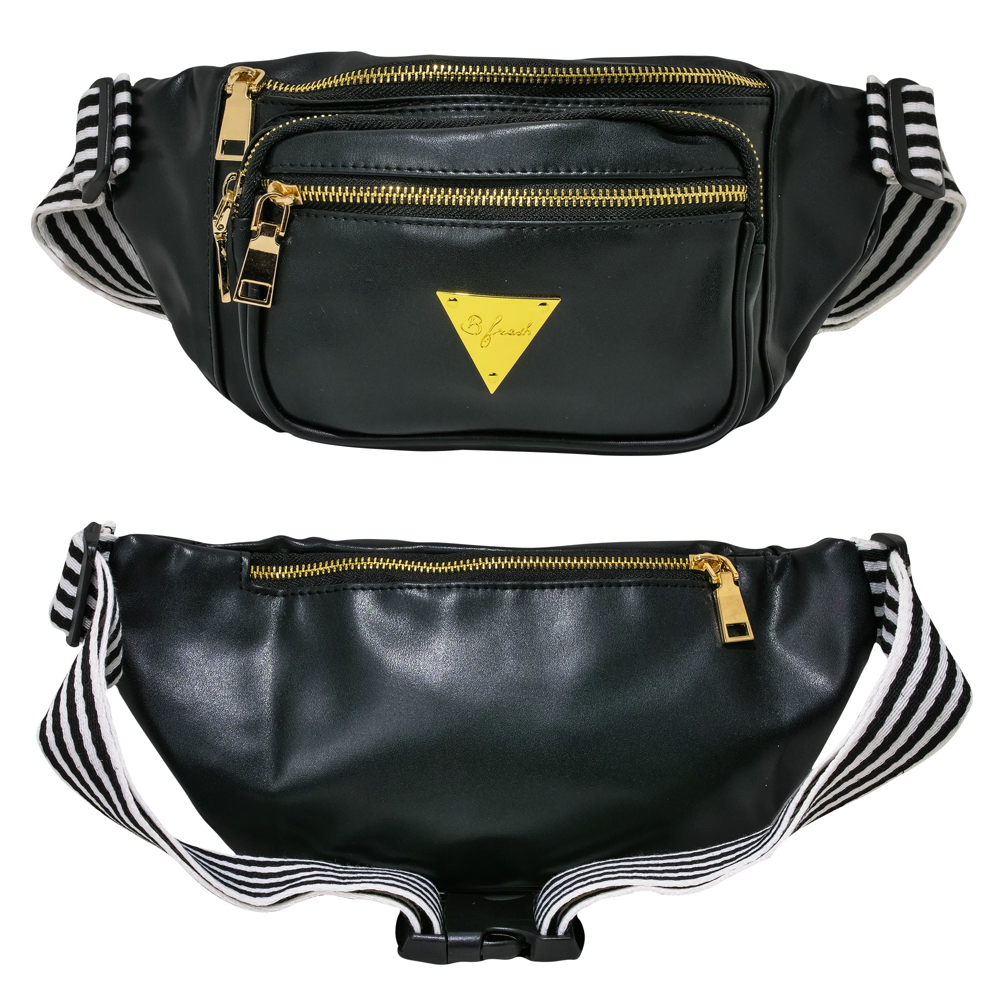 The Escobar Fanny Pack Bum Bag - Faux black leather retro fanny pack with gold zippers and white and black stripped belt. 4 pocket vintage fanny pack 80s design. B Fresh Gear