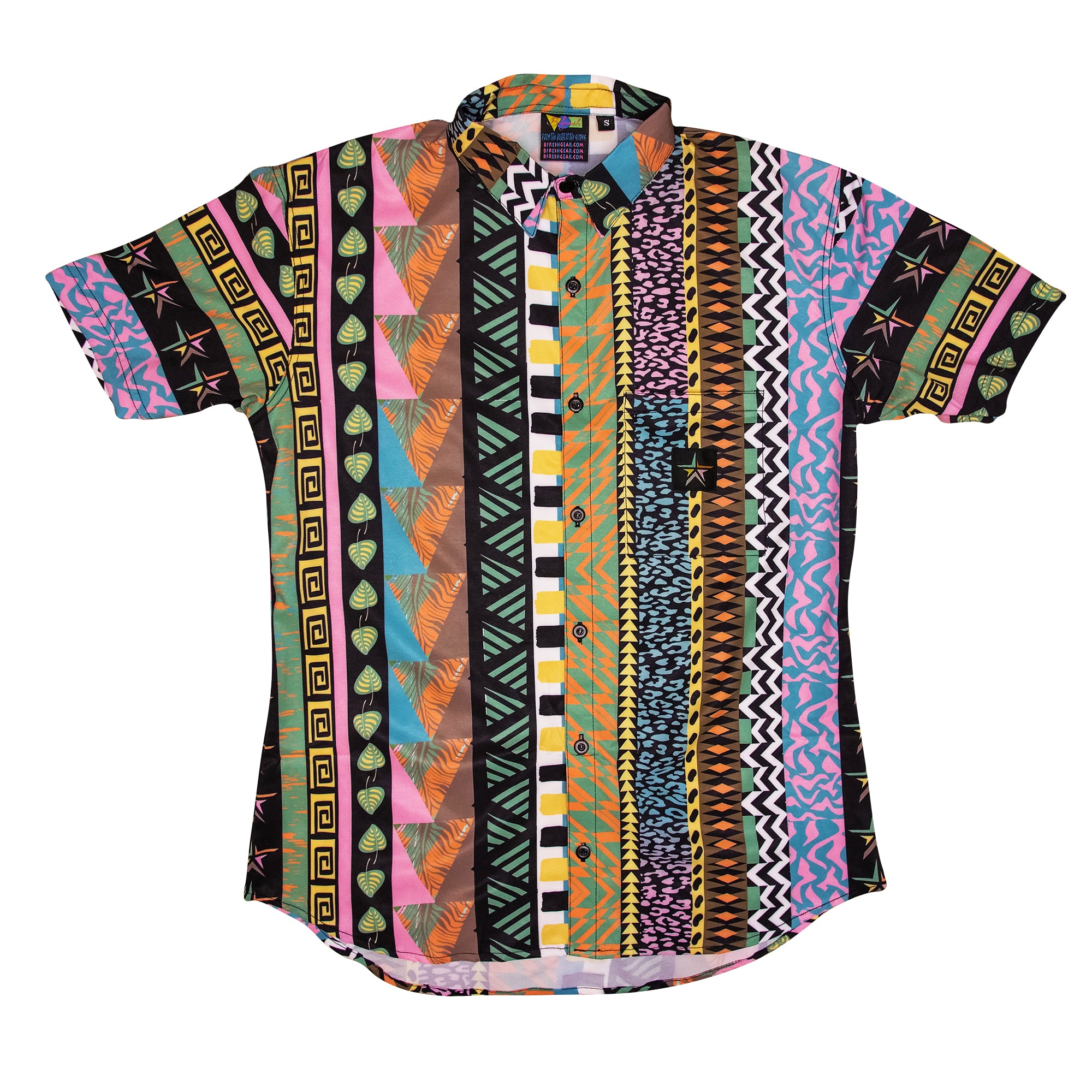 The Nickle Stretch Button Down Shirt- Five Points Juneteenth Jazzfest 90s Coogi Aztec Tribal 80s Pink Brown Green Yellow Blue Throwback Vintage Design. B Fresh Gear.