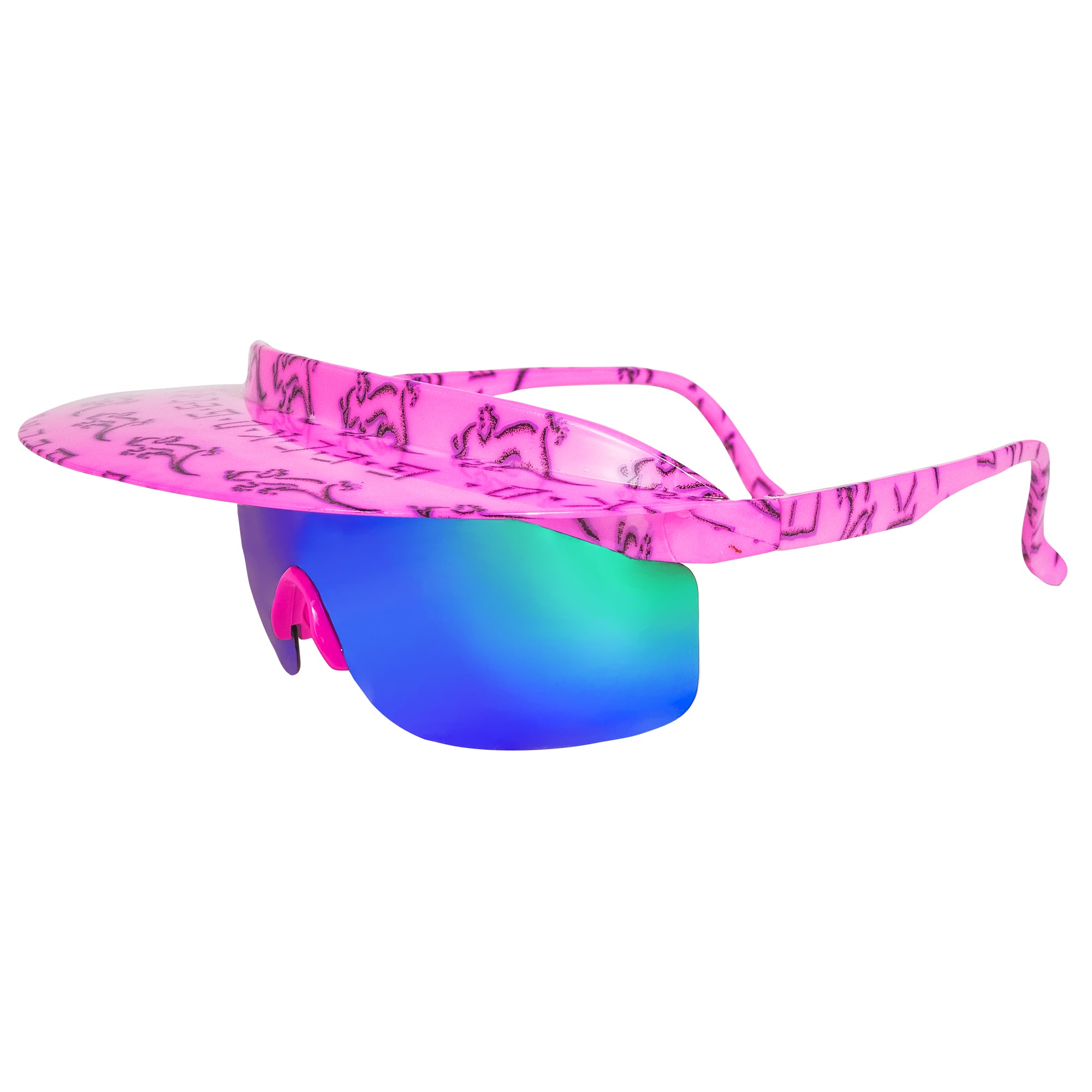 Pink Petro Gecko Hawaii 80s retro Vintage visor shades sunglasses. Polarized UV 400 gecko Hawaii clothing 90s pink with blue lens visor shade sunglasses from the boats to the slopes. B Fresh Gear