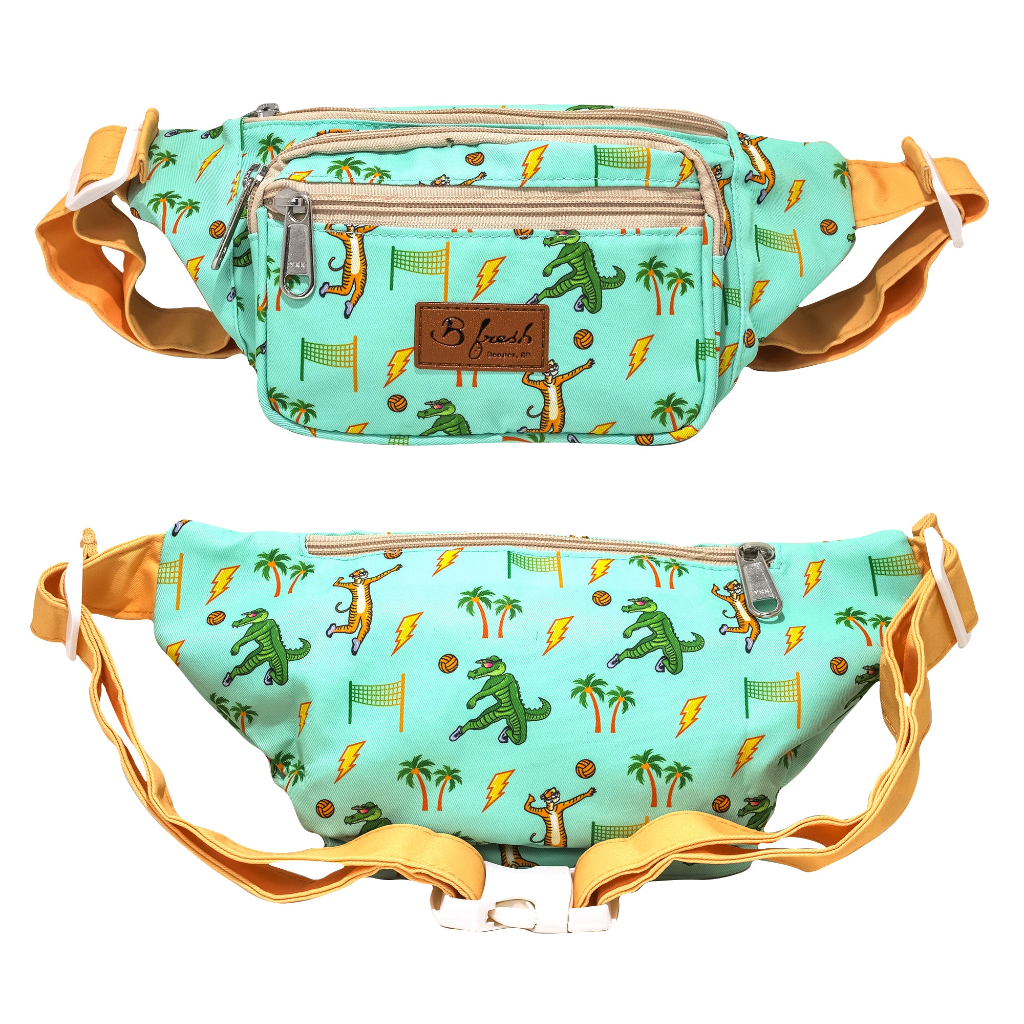 Custom beach volleyball retro style fanny pack with emerald green tiger and alligator throwback palm tree design with 4 pockets. B Fresh Gear