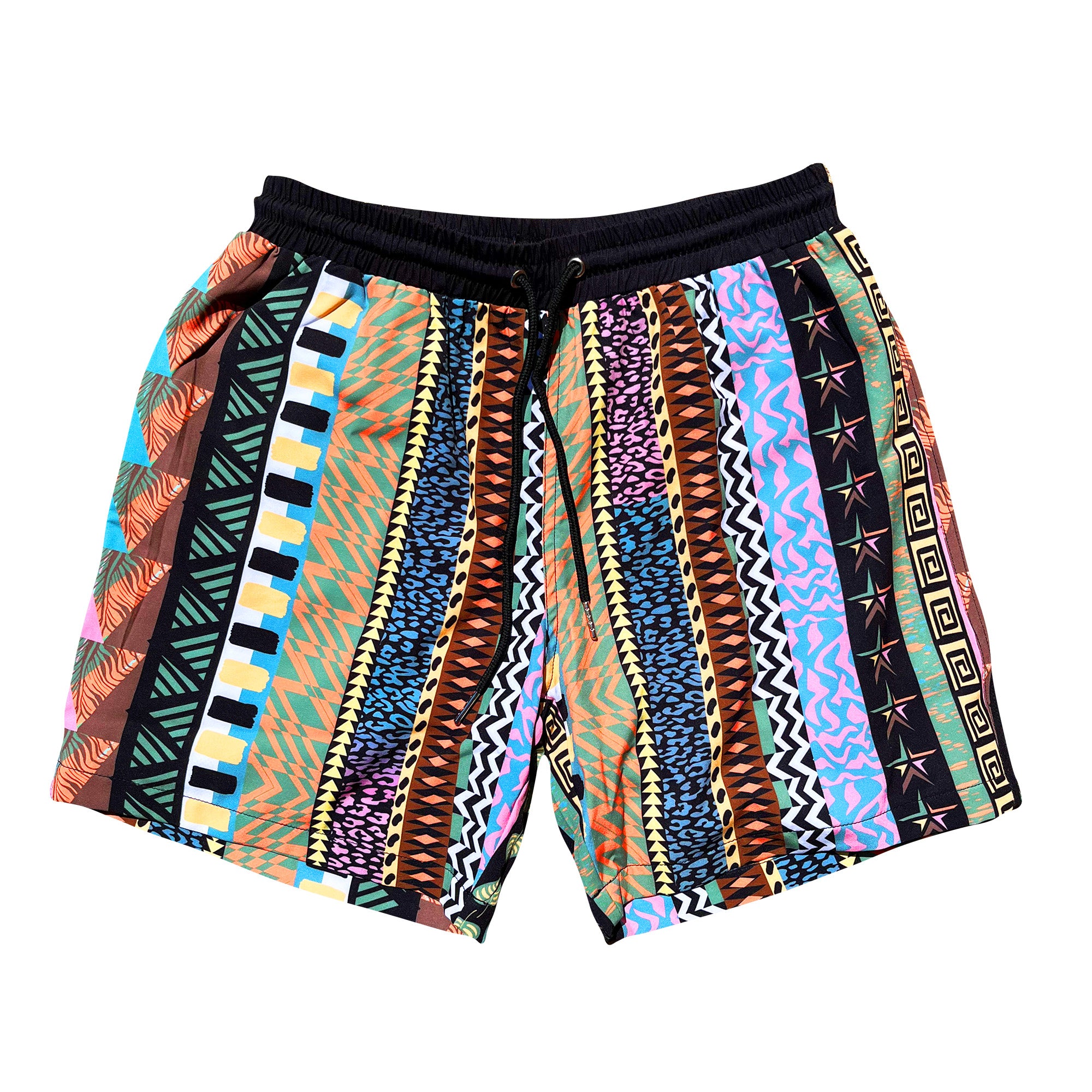 The Nickle Retro Throwback Coogi Tribal pink blue yellow orange green vintage style design swim shorts swim trunks.