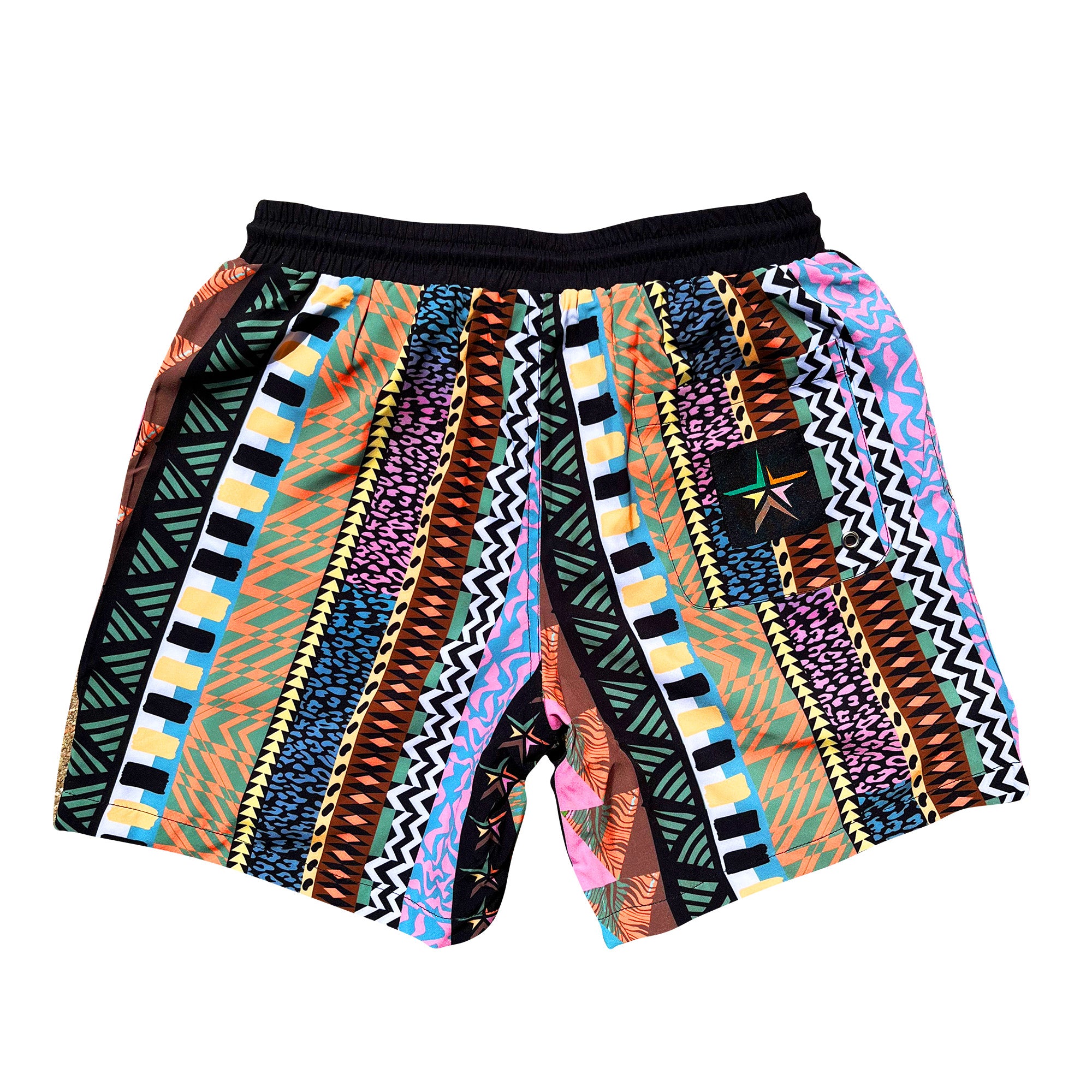 The Nickle Retro Throwback Coogi Tribal pink blue yellow orange green vintage style design swim shorts swim trunks.