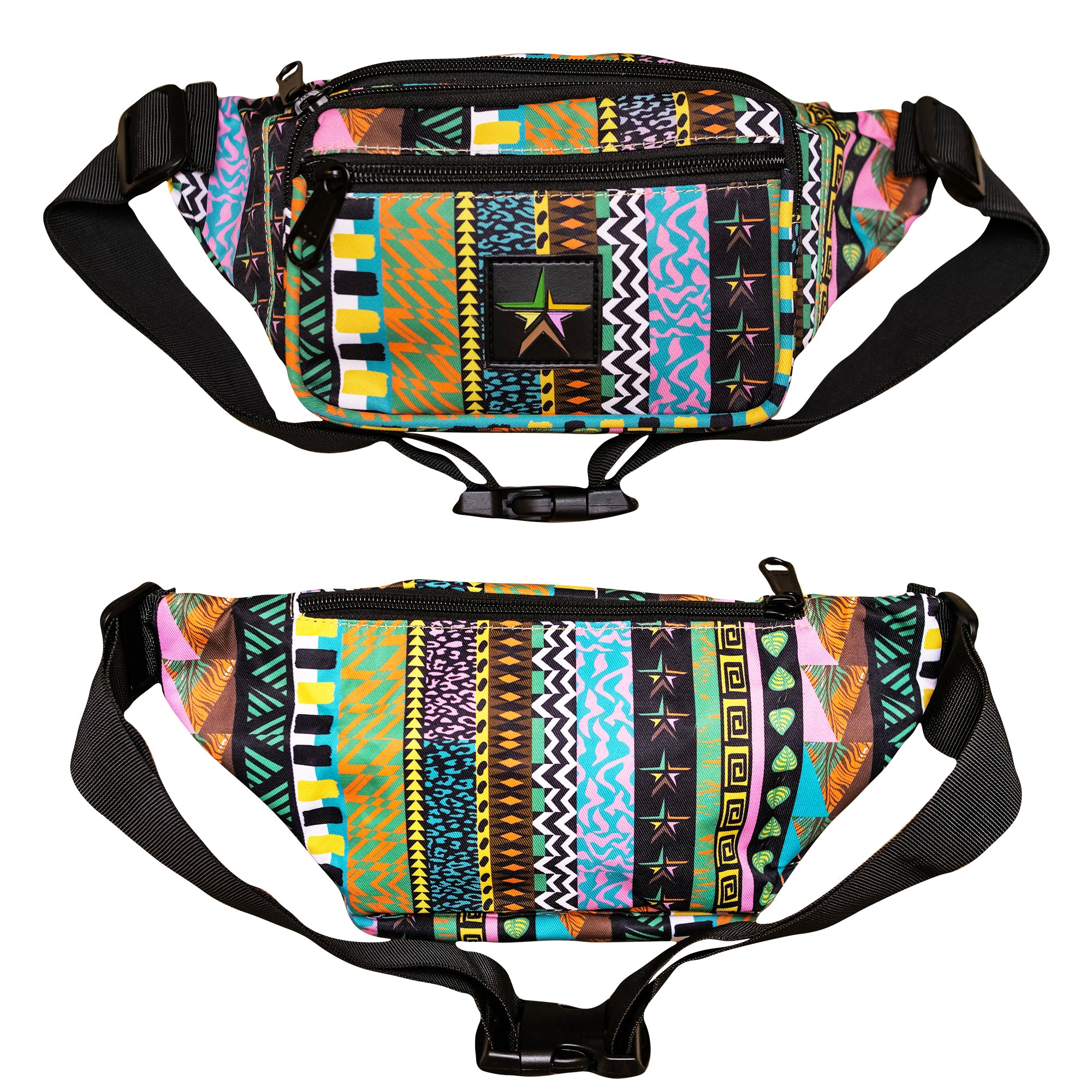 Retro coogi inspired throwback fresh prince style design fanny pack with a jazz and urban twist. Pink, orange, black, yellow, green, brown colors with 4 pockets. B Fresh Gear
