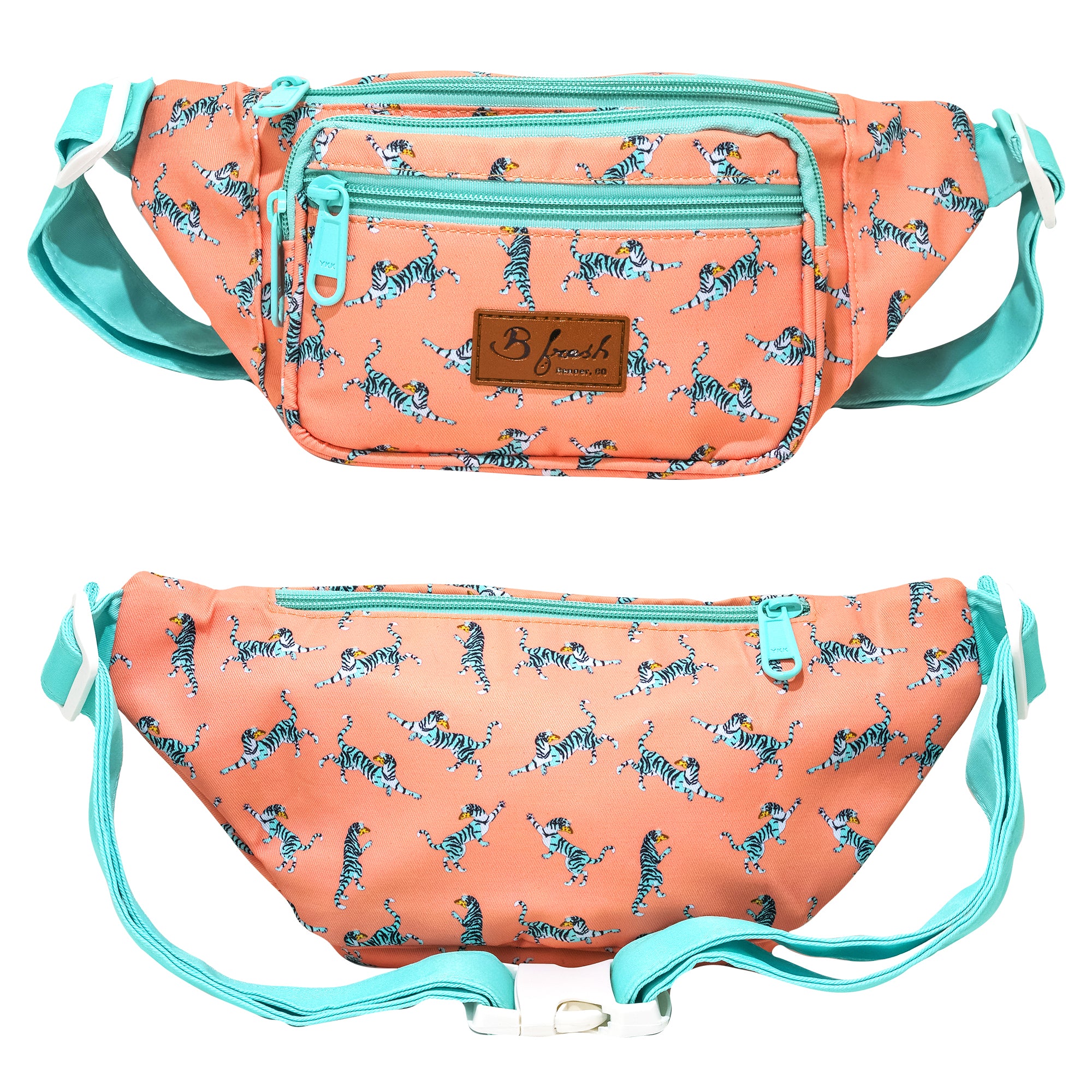 Pizza tiger vintage inspired retro fanny pack orange and blue throwback design with tigers eating pizza. B Fresh Gear