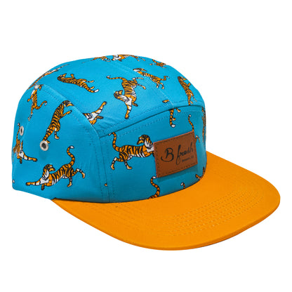 Pizza Tiger Orange Blue Faux Leather Label 90s Retro 5 Panel Hat. B Fresh Gear.