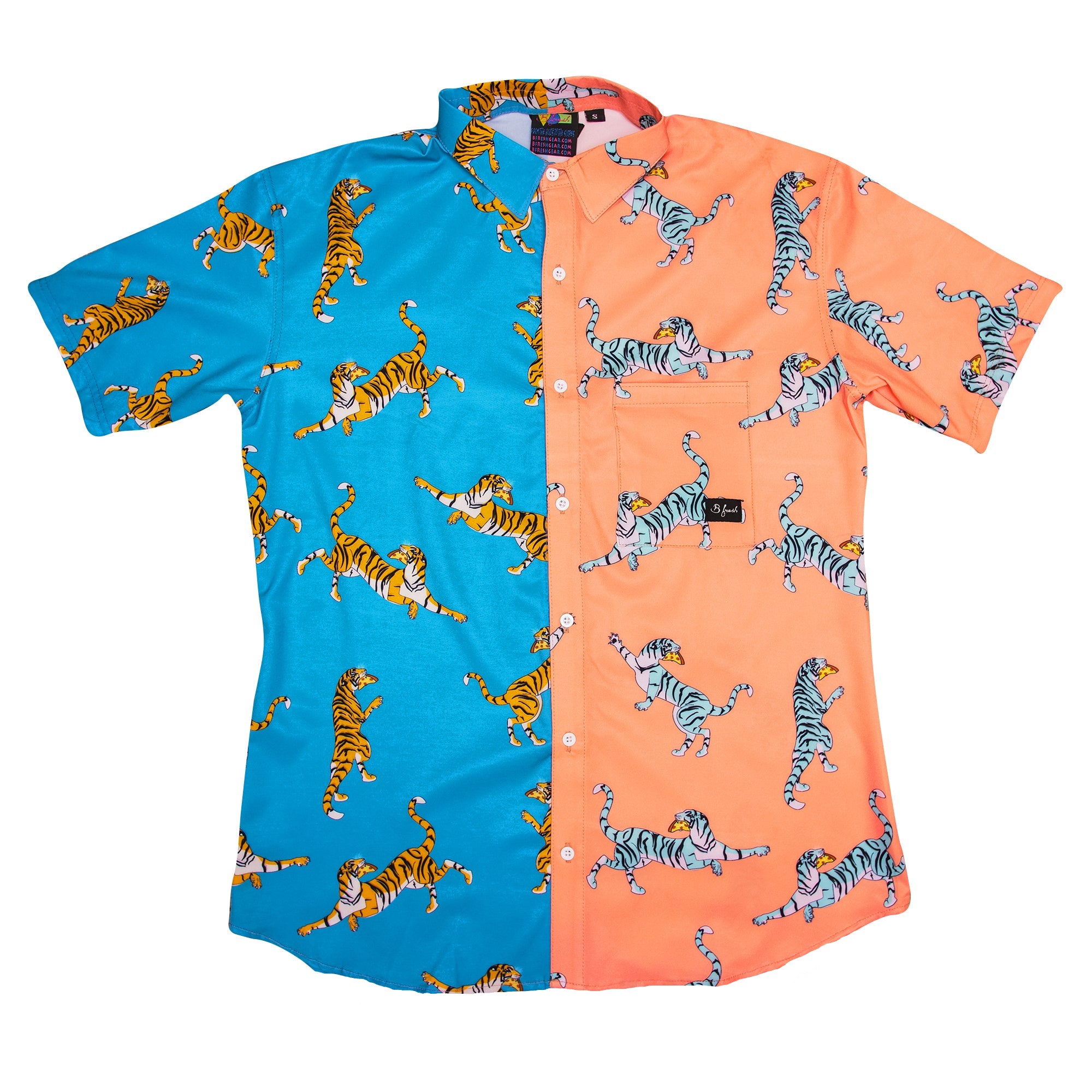 Pizza Tiger Tigers Eating Pizza Retro Throwback blue orange 4 way stretch button down vintage shirt. B Fresh Gear.