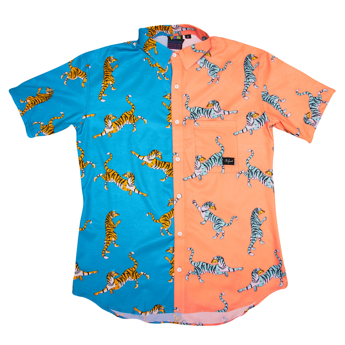Pizza Tiger Tigers Eating Pizza Retro Throwback blue orange 4 way stretch button down vintage shirt. B Fresh Gear.
