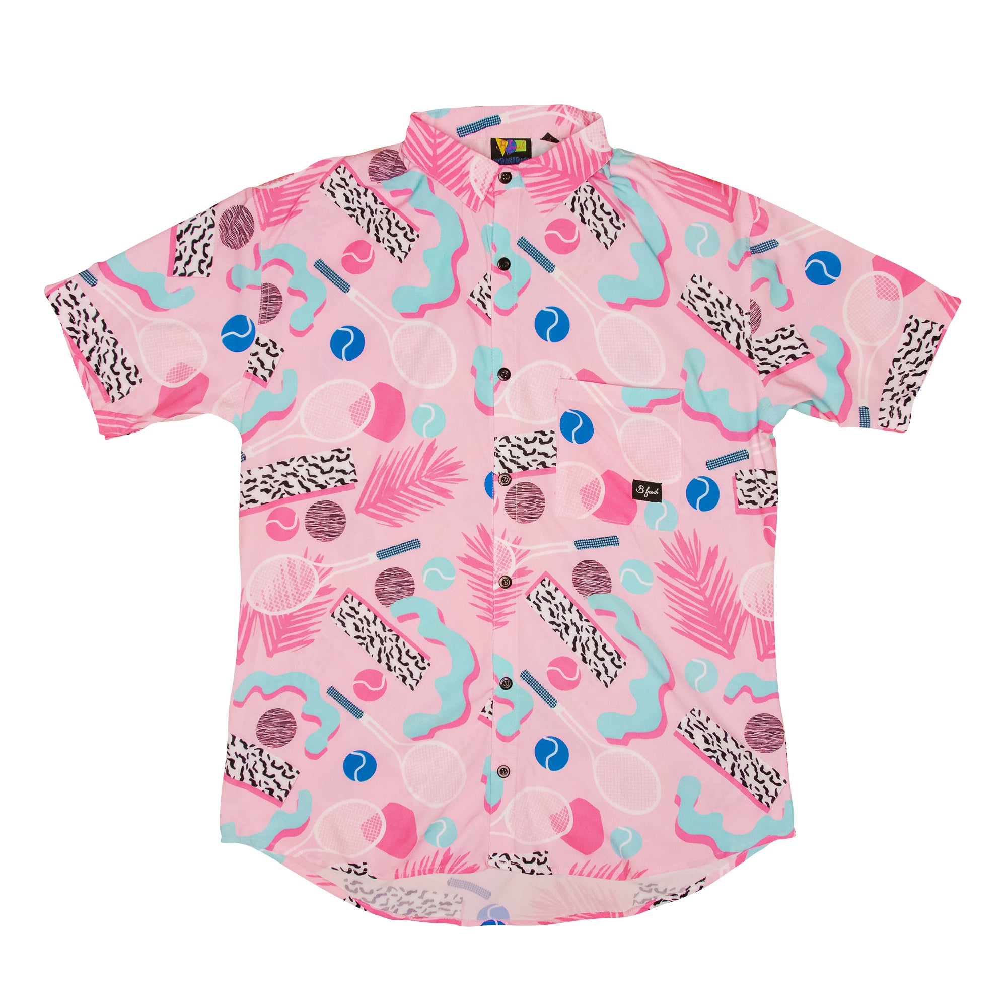 All That Racket Retro Button Down Stretch Shirt - Pink blue zebra tennis ball throwback old school nostalgic design. B Fresh Gear.