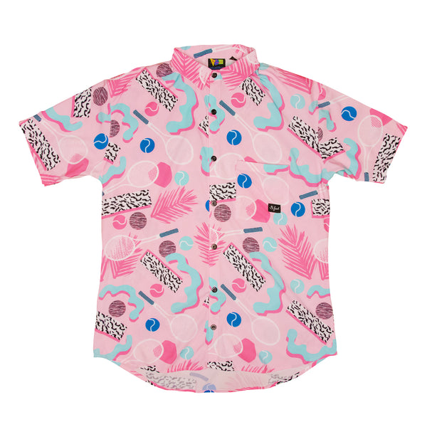 All That Racket Retro Button Down Stretch Shirt - Pink blue zebra tennis ball throwback old school nostalgic design. B Fresh Gear.