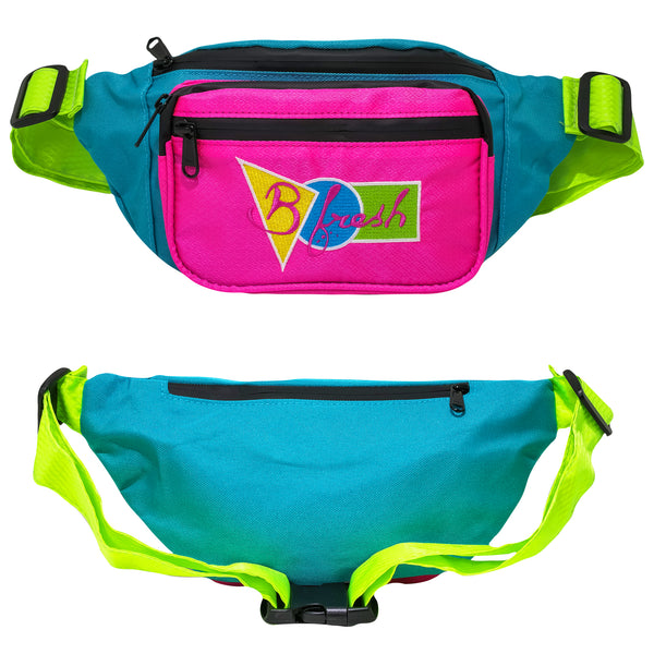 Saved By The.. Water Resistant Fanny Pack bum bag with water proof material water resistant zippers. Retro old school vintage saved by the bell inspired fanny pack bag. Bright pink blue and green throwback design. B Fresh Gear
