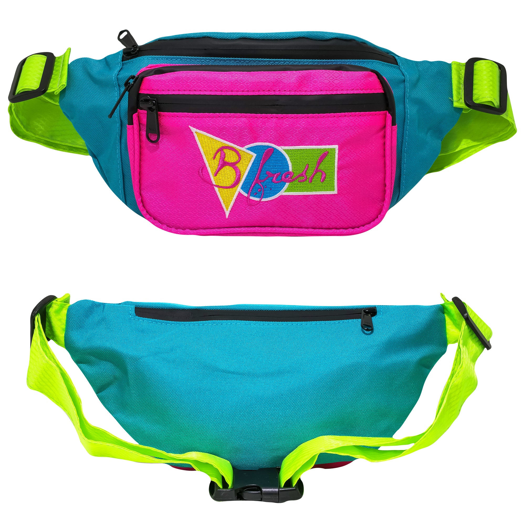 Saved By The.. Water Resistant Fanny Pack bum bag with water proof material water resistant zippers. Retro old school vintage saved by the bell inspired fanny pack bag. Bright pink blue and green throwback design. B Fresh Gear