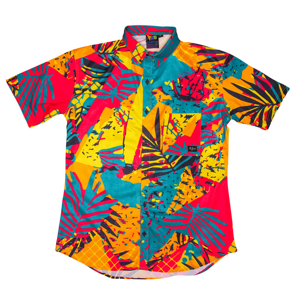 Summer Jam Topical Red Green Yellow Orange Beach Summer Time Fresh Prince Retro Vintage 4 Way Stretch Button Down Shirt. B Fresh Gear