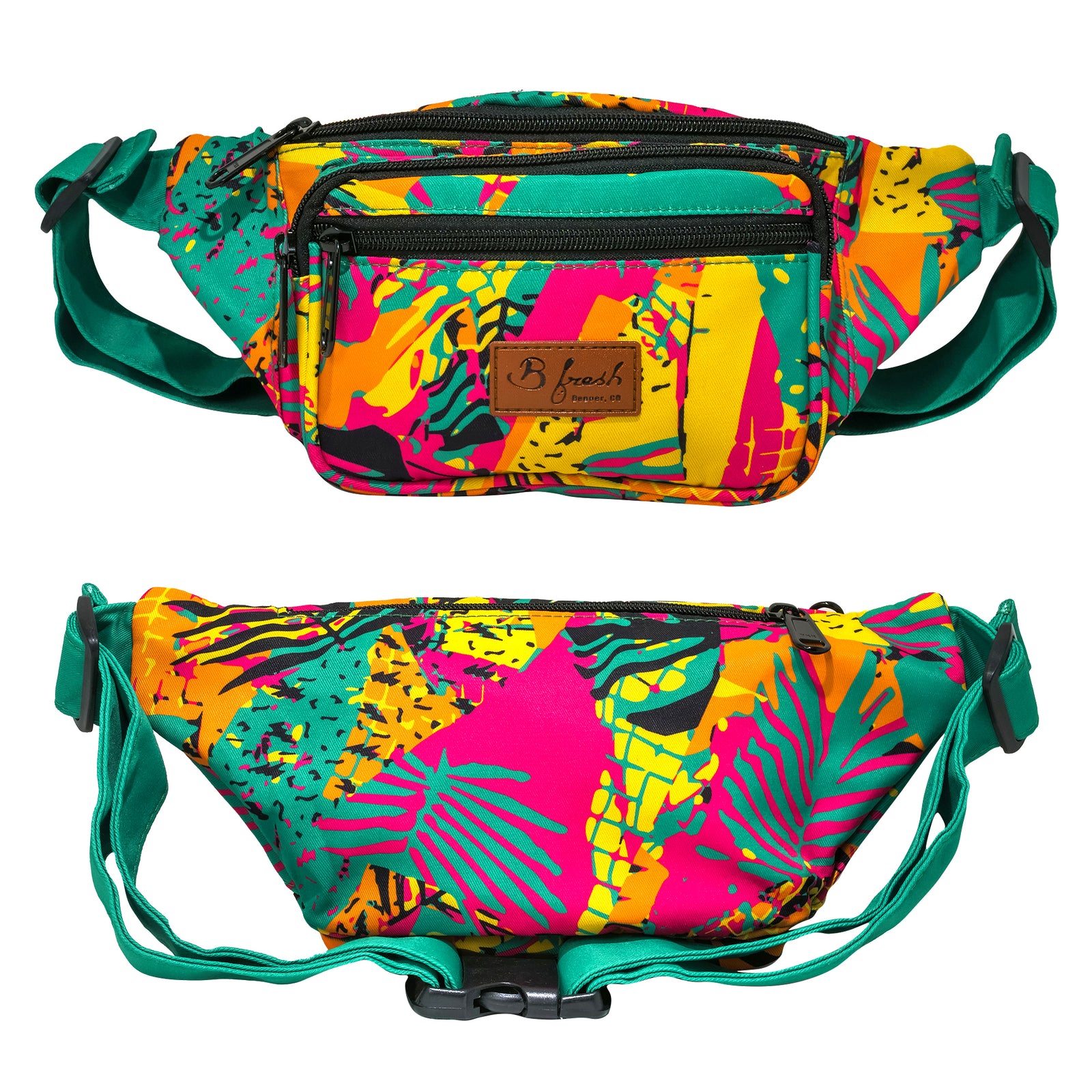 Super cool tropical summer jam style retro 90s design orange red green black fanny pack with 4 pockets. B Fresh Gear