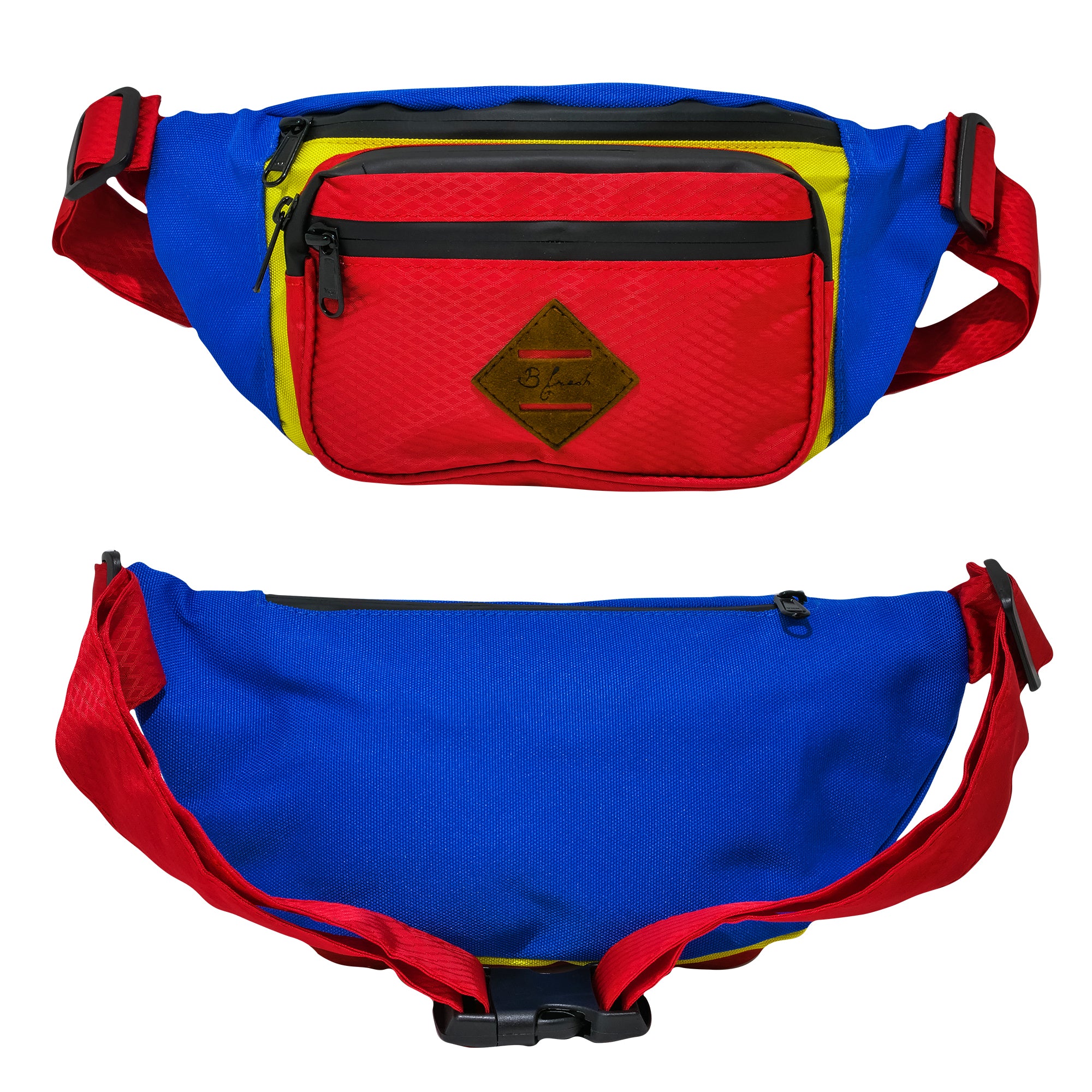 Old Skool Water Resistant Fanny Pack - Color block throwback vintage design with red, yellow, blue color block. Water resistant zippers and waterproof material - Water Resistant Fanny Pack with 4 Pockets. B Fresh Gear