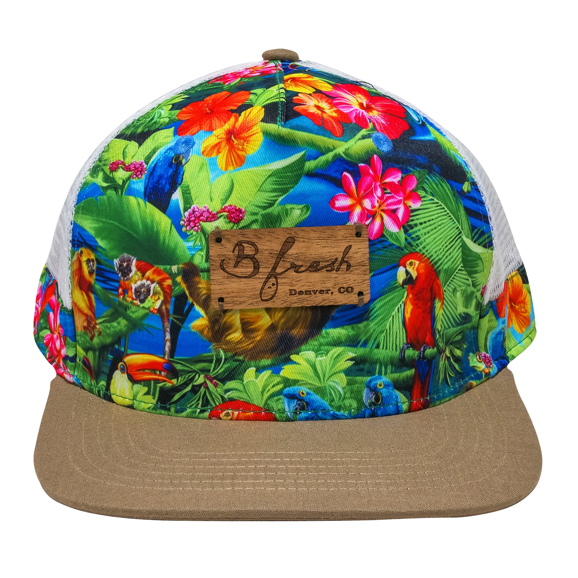 Sloth Tropical Hawaii Floral Trucker Mesh Flat Bill Hat. B Fresh Gear.