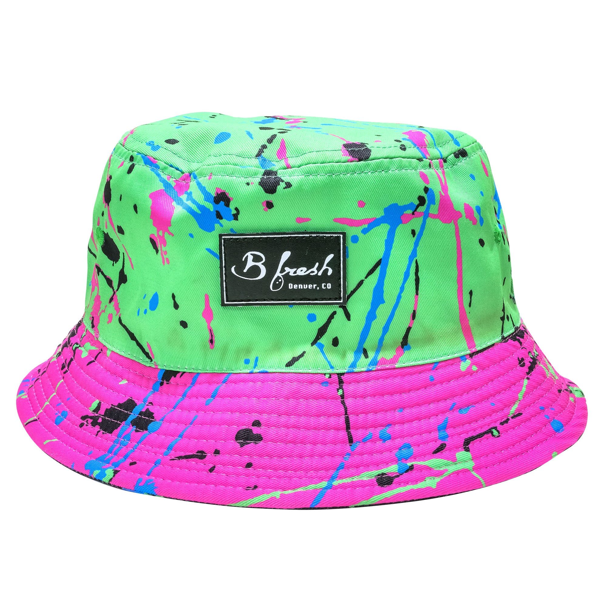 90s 80s Splatter Bucket Hat Reversible Retro Pink Green Black White Blue Bucket Hat. B Fresh Gear.