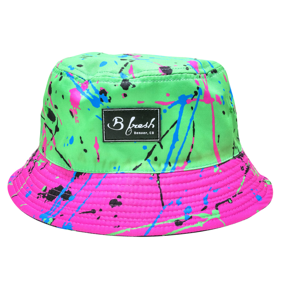 90s 80s Splatter Bucket Hat Reversible Retro Pink Green Black White Blue Bucket Hat. B Fresh Gear.