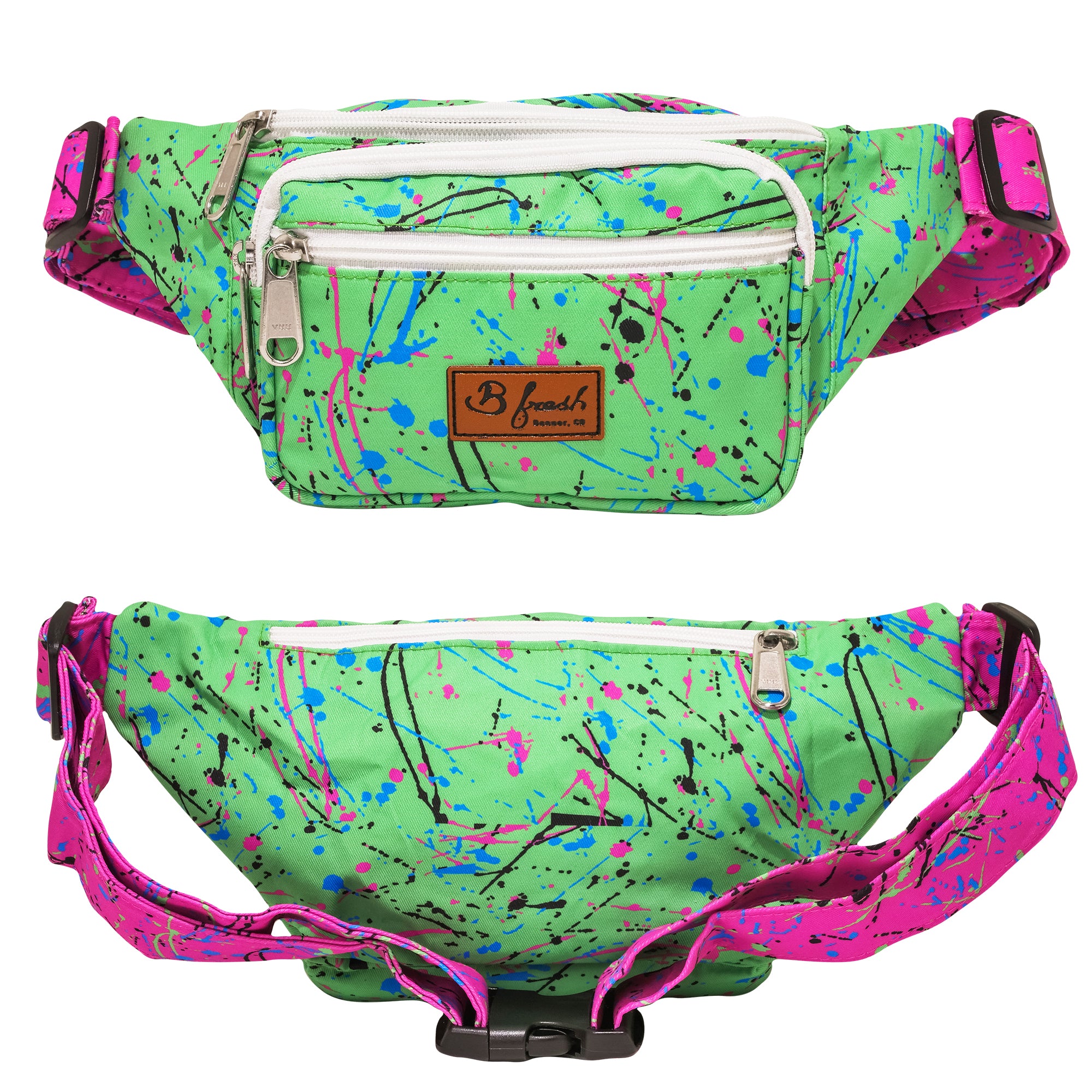 90s themed retro splatter green pink blue vintage fanny pack throwback design - B Fresh Gear