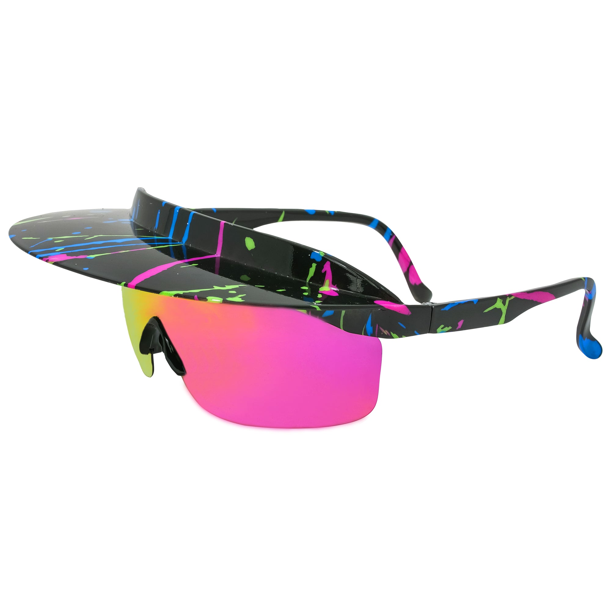 90's Splatter Retro Sunglasses pink lens 80s retro inspired design. Pink blue green black nostalgic design. Polarized UV 400 90's throwback visor shade sunglasses. B Fresh Gear