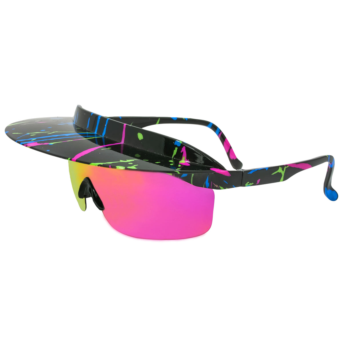 90&#39;s Splatter Retro Sunglasses pink lens 80s retro inspired design. Pink blue green black nostalgic design. Polarized UV 400 90&#39;s throwback visor shade sunglasses. B Fresh Gear