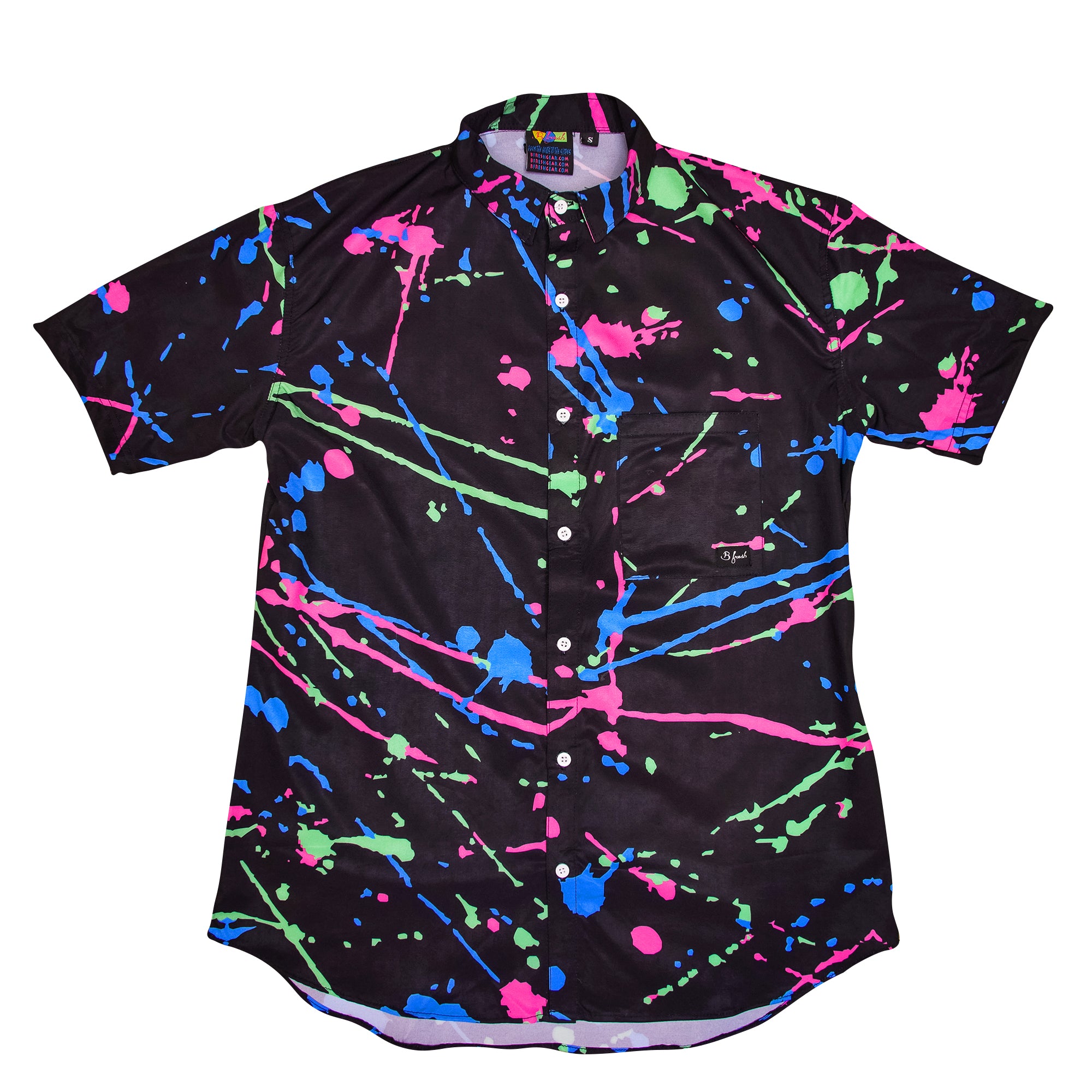 90s Splatter 4 way Stretch Button Down Old School Pink Blue Green Black Nostalgic 80s Splatter Design Button Down Shirt. B Fresh Gear.