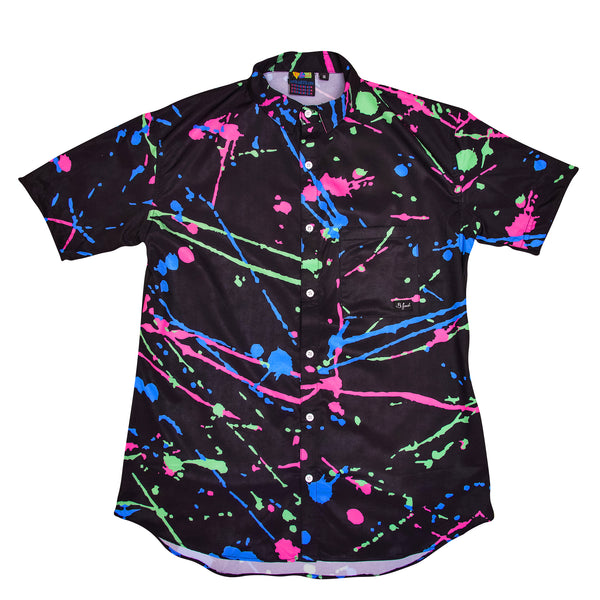 90s Splatter 4 way Stretch Button Down Old School Pink Blue Green Black Nostalgic 80s Splatter Design Button Down Shirt. B Fresh Gear.