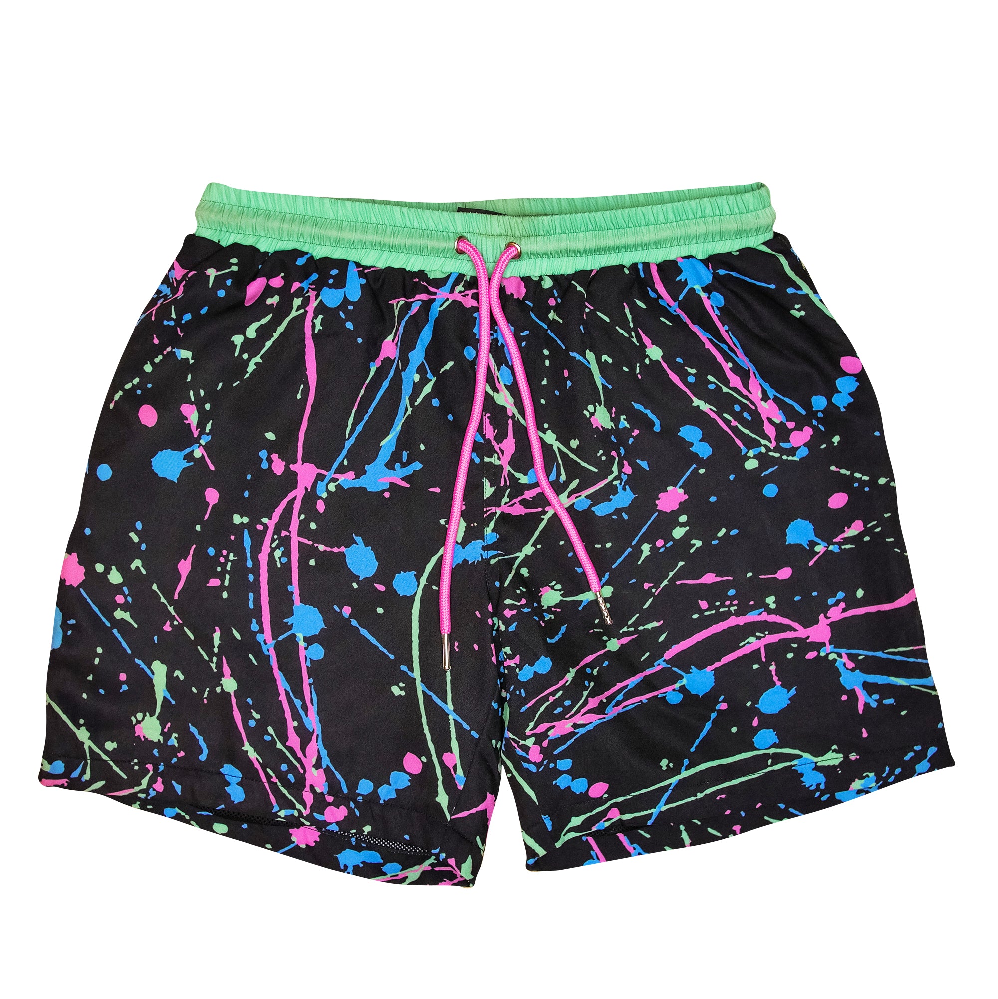 90s Splatter Retro Swim Shorts. Splatter design pink blue black green custom 80s design. B Fresh Gear