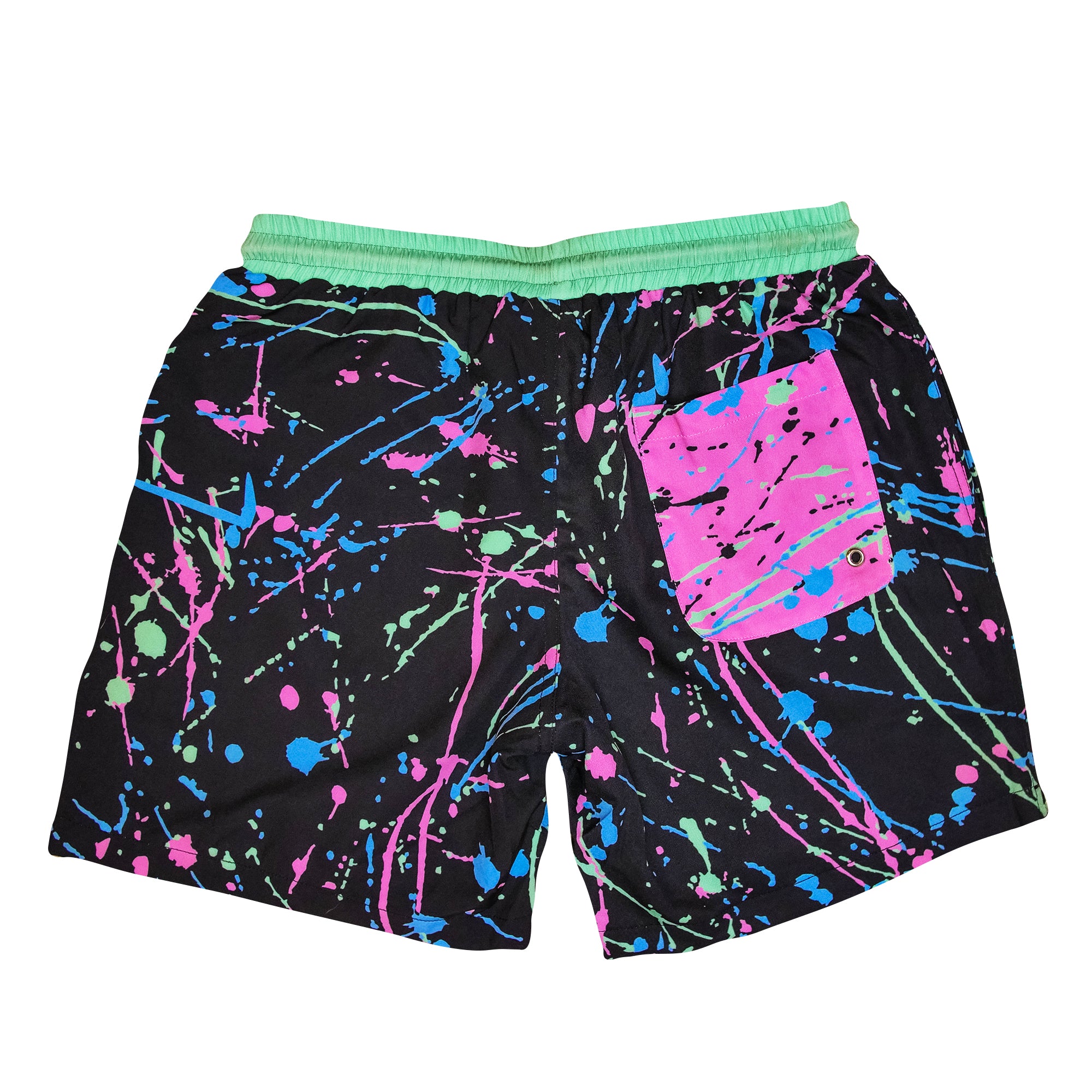90s Splatter Vintage Retro Swim Shorts. Splatter design pink back pocket blue black green waistband custom 80s design. B Fresh Gear