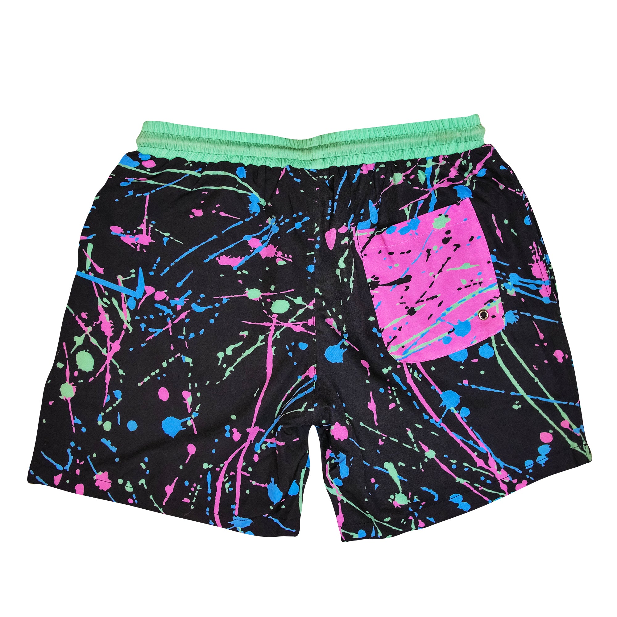 90s Splatter Vintage Retro Swim Shorts. Splatter design pink blue black green custom 80s design. B Fresh Gear