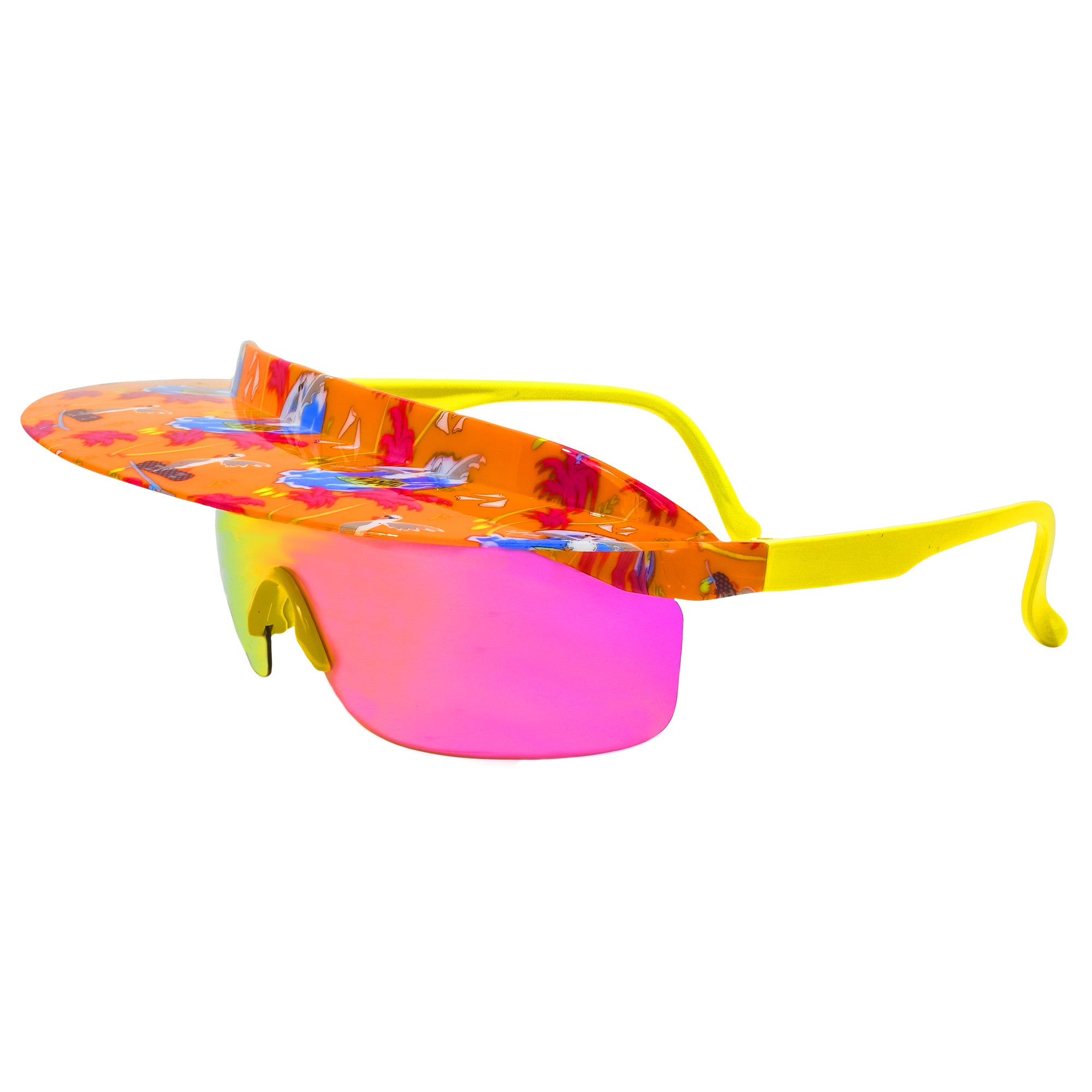 Surfin Birds throwback beach ski retro visor shades. Sunglasses polarized boating ski shades. Orange yellow pink retro seagull bird surfing.